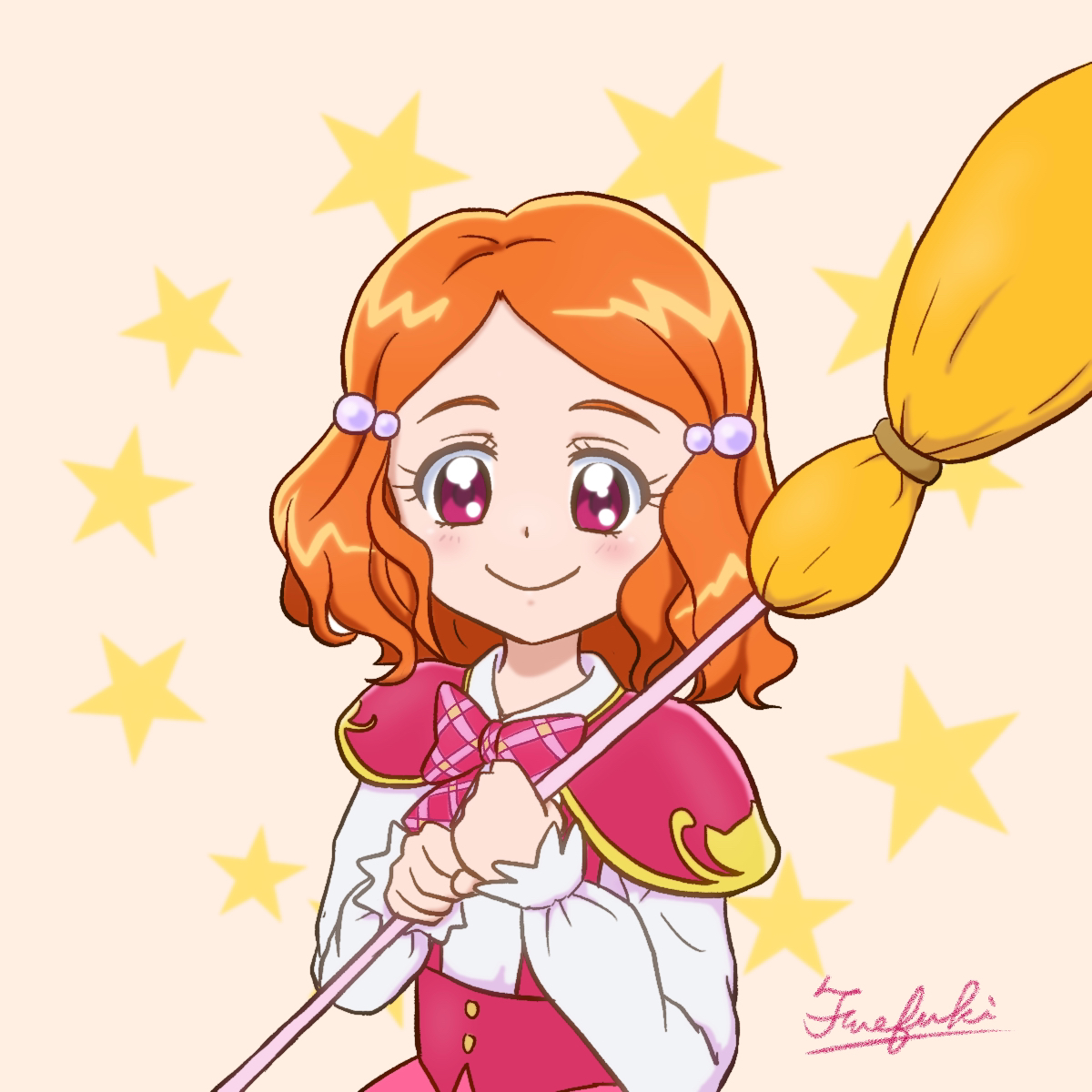 fuefukipiper, kei (mahou girls precure!), mahou girls precure!, precure, commentary, highres, 1girl, artist name, blouse, blush, bow, bowtie, broom, capelet, closed mouth, hair bobbles, hair ornament, holding, holding broom, long sleeves, looking at viewer, magic school uniform (mahou girls precure!), orange background, orange hair, parted bangs, pink bow, pink bowtie, pink capelet, pink eyes, pink skirt, plaid bow, plaid bowtie, plaid clothes, school uniform, shirt, shirt tucked in, short hair, signature, skirt, smile, solo, star (symbol), star symbol background, suspender skirt, suspenders, underbust, upper body, white shirt