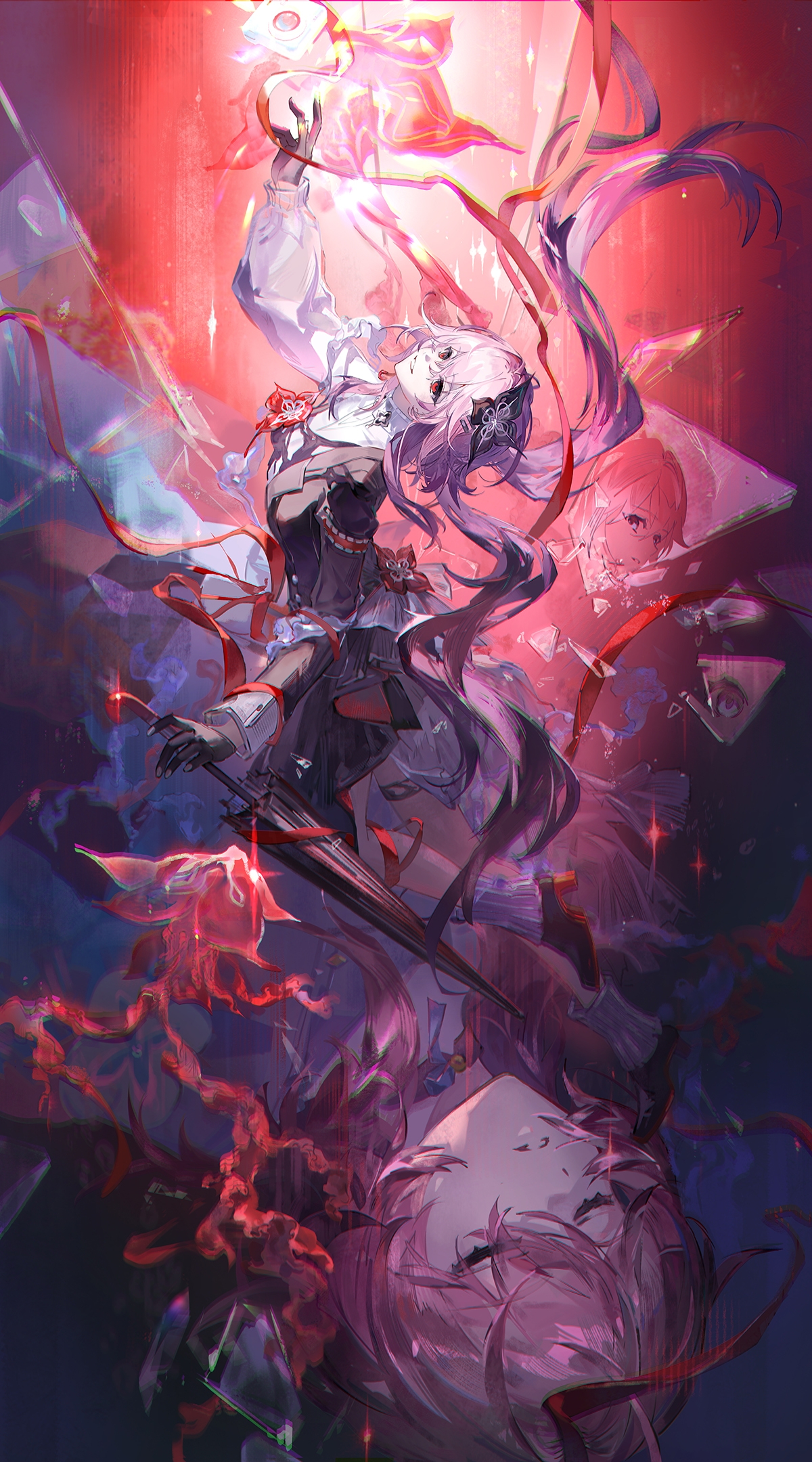 qingming tiaohetu, evernight (honkai: star rail), march 7th (honkai: star rail), march 7th (preservation) (honkai: star rail), honkai: star rail, honkai (series), highres, 1girl, asymmetrical sleeves, black boots, black dress, black flower, black gloves, black umbrella, boots, dress, floating hair, flower, full body, gloves, hair between eyes, hair ornament, holding, holding umbrella, long hair, long sleeves, mismatched sleeves, multiple views, official alternate costume, official alternate eye color, official alternate hair length, official alternate hairstyle, parted lips, smile, umbrella, very long hair