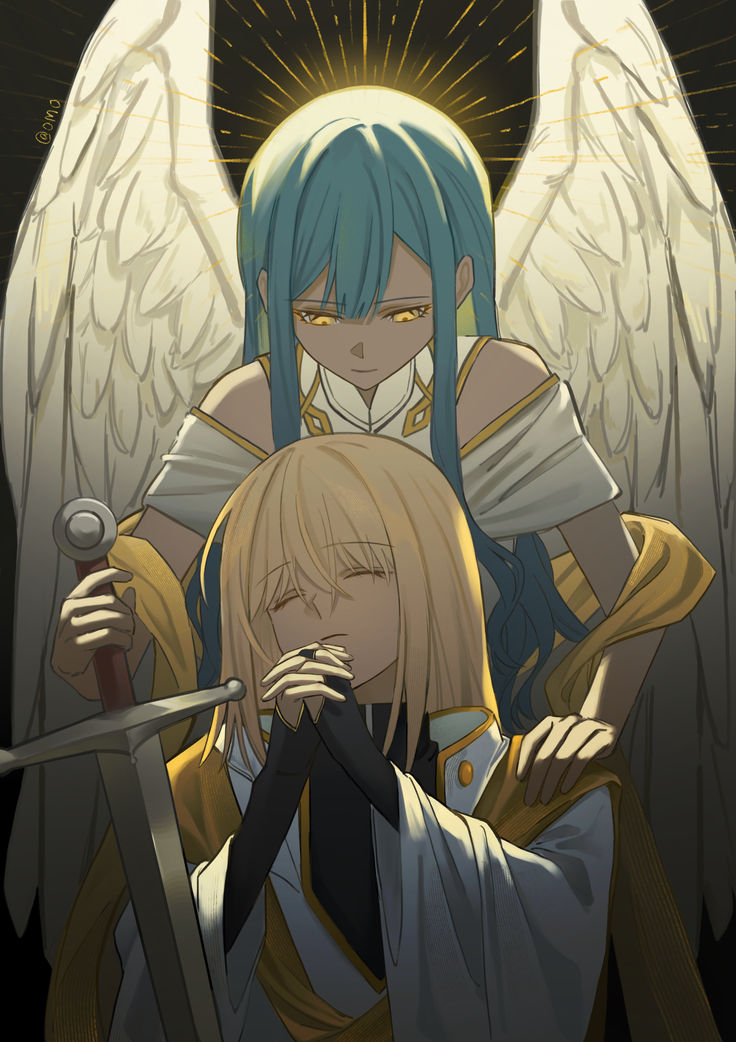 omo cccc, misumi uika, togawa sakiko, bang dream!, bang dream! it's mygo!!!!!, absurdres, chinese commentary, commentary request, highres, 2girls, angel wings, blonde hair, blue hair, bridal gauntlets, closed eyes, closed mouth, feathers, hair between eyes, holding, holding sword, holding weapon, interlocked fingers, long hair, medium hair, multiple girls, own hands together, sidelocks, sword, weapon, wings, yellow eyes