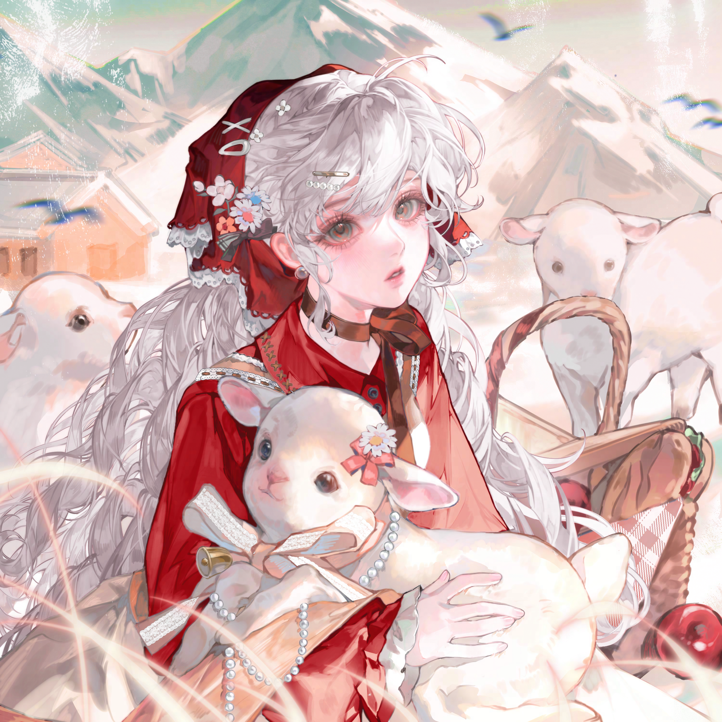tai01, original, absurdres, highres, large variant set, variant set, 1girl, animal, basket, choker, earrings, flower, food, fruit, grey eyes, hair ornament, hairclip, headscarf, holding, holding animal, holding basket, jewelry, long hair, long sleeves, looking at viewer, mountain, outdoors, parted lips, rabbit, shirt, solo, upper body, white hair