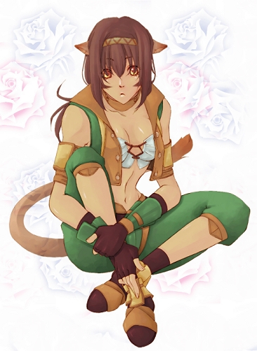 mithra (ff11), thief (final fantasy), final fantasy, final fantasy xi, lowres, 00s, 1girl, animal ears, bracer, breasts, brown hair, cat ears, cat girl, cat tail, cleavage, female focus, full body, long hair, sitting, solo, tail, yellow eyes