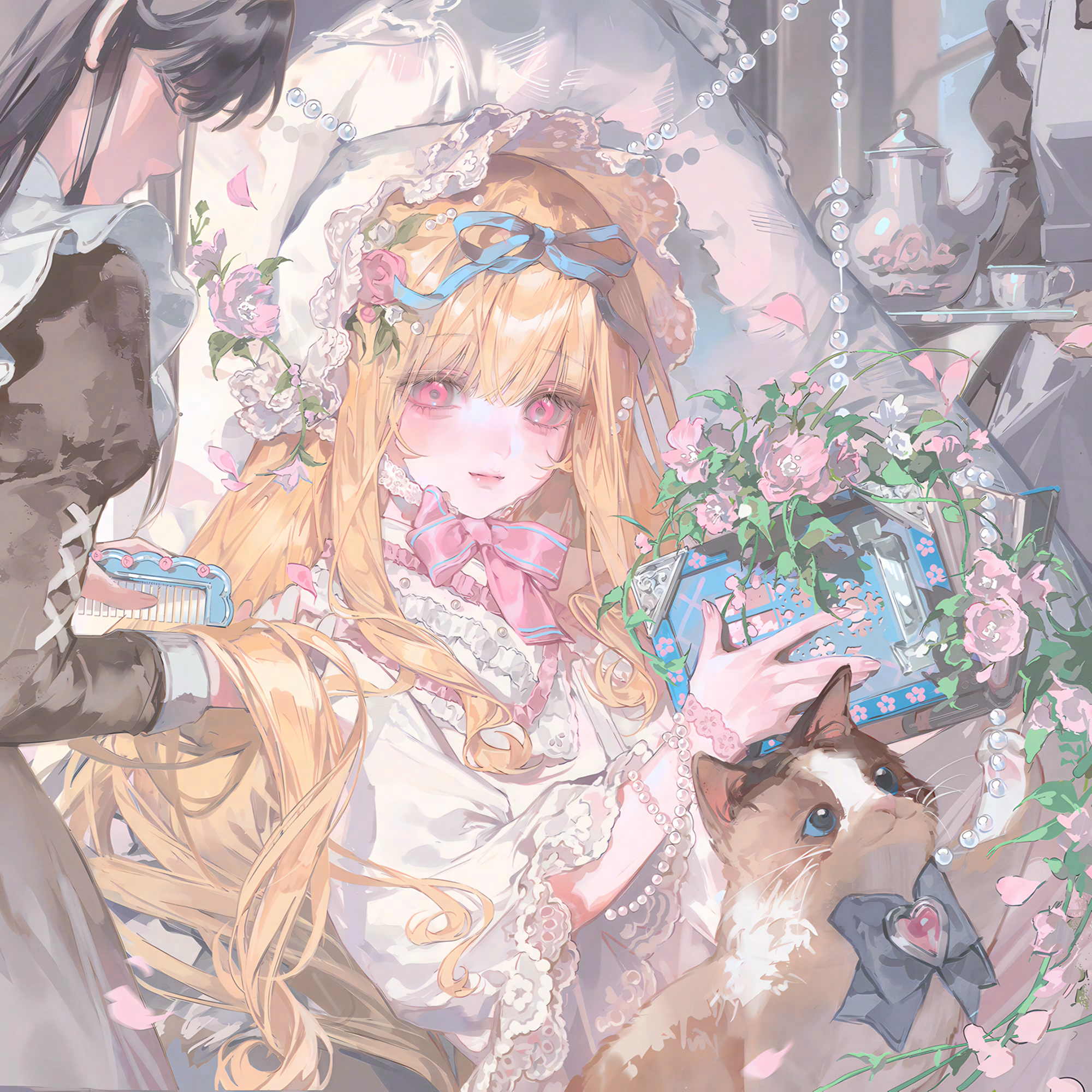 tai01, original, highres, large variant set, variant set, 2girls, animal, apron, beads, black dress, black hair, blonde hair, bonnet, bottle, bow, bowtie, cat, closed mouth, comb, cup, dress, flower, frills, gem, hair ornament, hair ribbon, holding, jewelry, juliet sleeves, long hair, long sleeves, mirror, multiple girls, perfume bottle, petals, pink bow, pink eyes, pink flower, pink rose, puffy sleeves, ribbon, rose, teapot, very long hair, white apron, white dress, wide sleeves