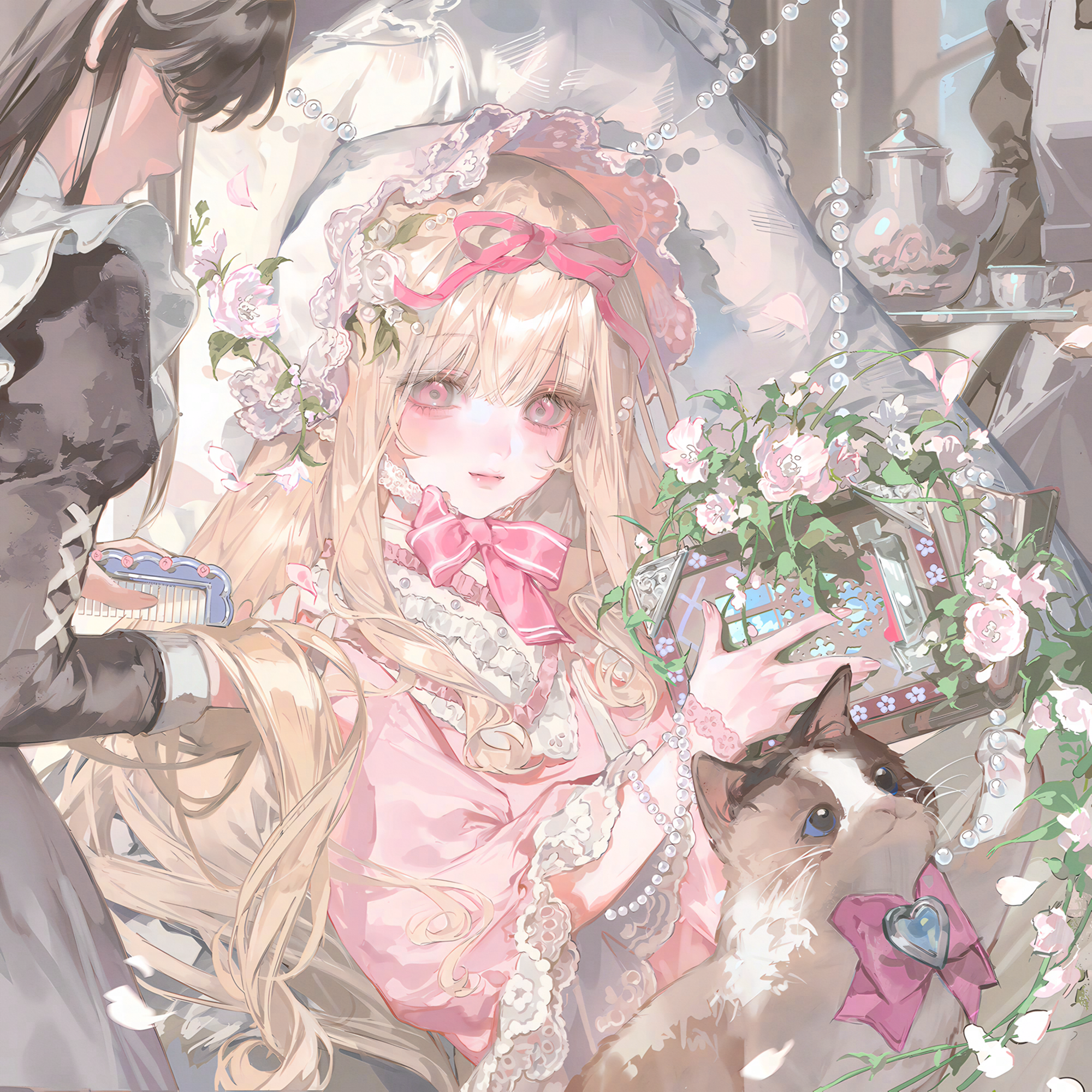 tai01, original, highres, large variant set, variant set, 2girls, animal, apron, beads, black dress, black hair, blonde hair, bonnet, bottle, bow, bowtie, brushing hair, cat, closed mouth, comb, dress, flower, frills, gem, hair brush, hair ornament, holding, jewelry, juliet sleeves, long hair, long sleeves, mirror, multiple girls, perfume bottle, pink bow, pink dress, pink eyes, pink flower, pink ribbon, pink rose, puffy sleeves, ribbon, rose, umbrella, white flower, wide sleeves