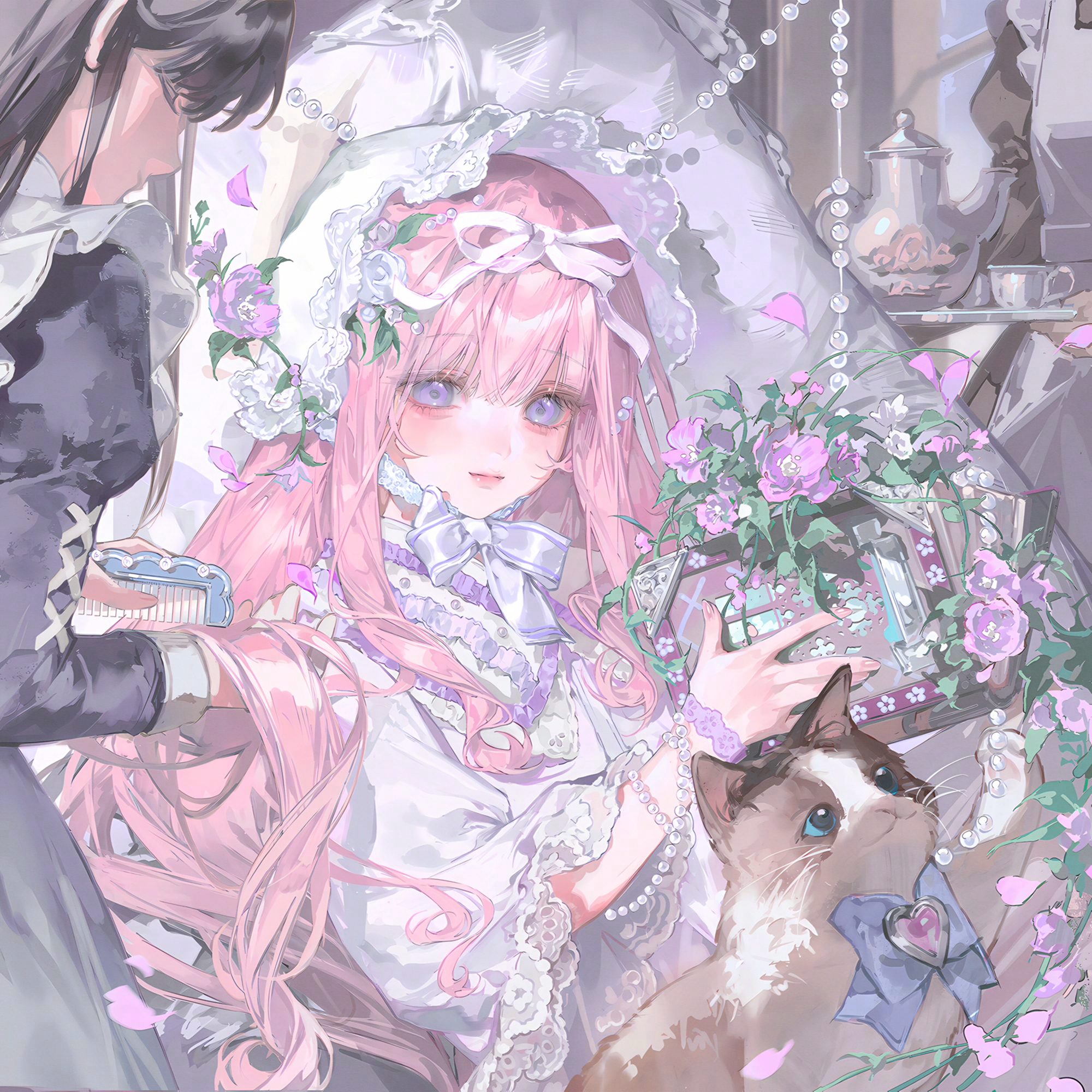 tai01, original, highres, large variant set, variant set, 2girls, animal, beads, black dress, black hair, bonnet, bottle, bow, brushing hair, cat, closed mouth, comb, dress, flower, frills, hair brush, holding, jewelry, juliet sleeves, long hair, long sleeves, mirror, multiple girls, perfume bottle, petals, pink flower, pink hair, puffy sleeves, purple eyes, purple flower, ribbon, white dress