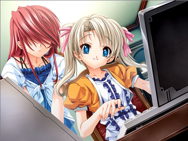 senomoto hisashi, kisaragi shuuji, shinjou marina, yamada taeko (koisuru otome to shugo no tate), koisuru otome to shugo no tate, game cg, non-web source, 1boy, 1girl, blonde hair, blue eyes, casual, computer, crossdressing, dutch angle, freckles, hair over eyes, indoors, long hair, red hair, smile, sweat, trap, twintails, typing