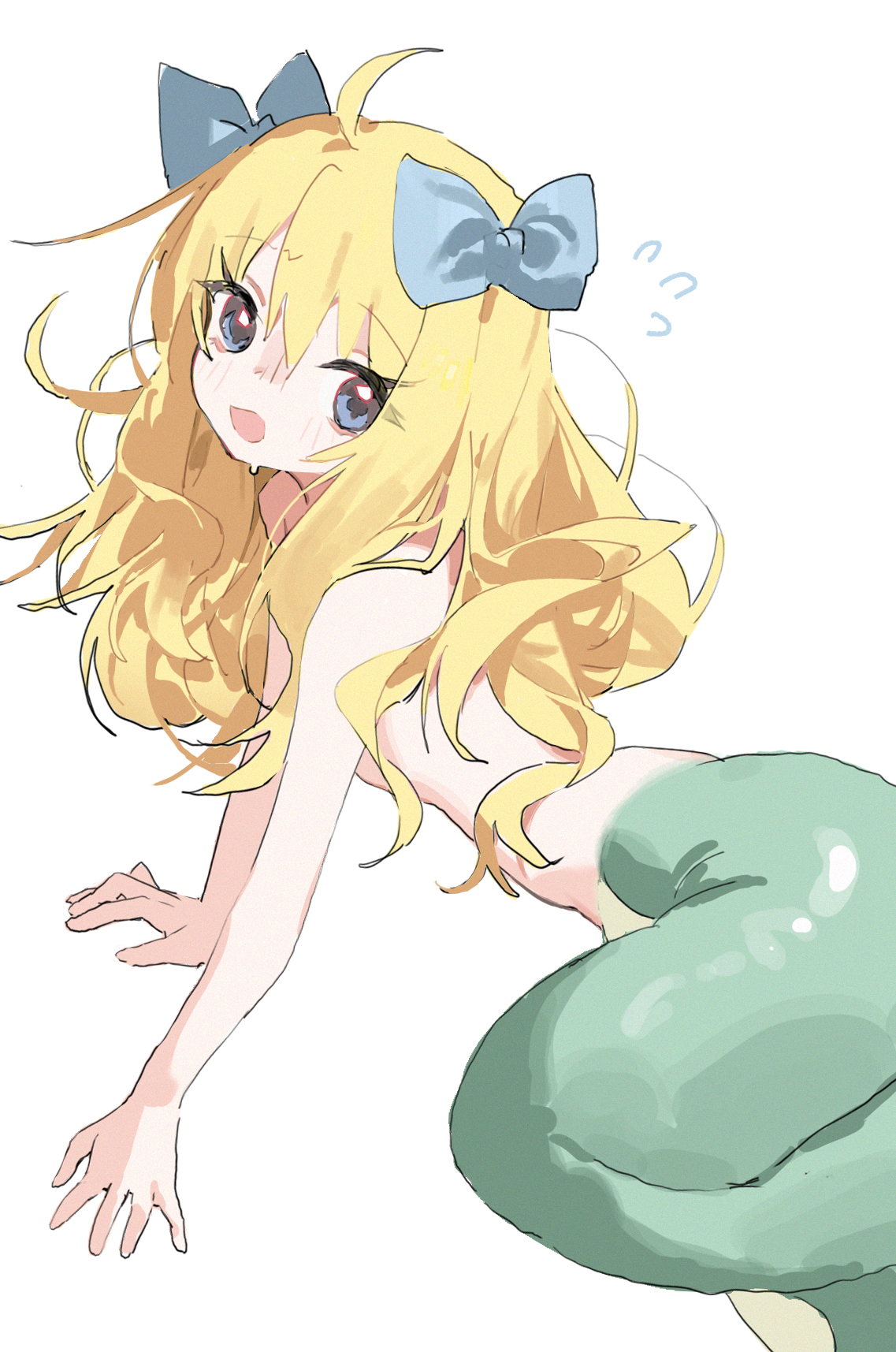 measho, jashin-chan, jashin-chan dropkick, highres, 1girl, blonde hair, lamia, long hair, looking at viewer, monster girl, open mouth, simple background, solo, white background