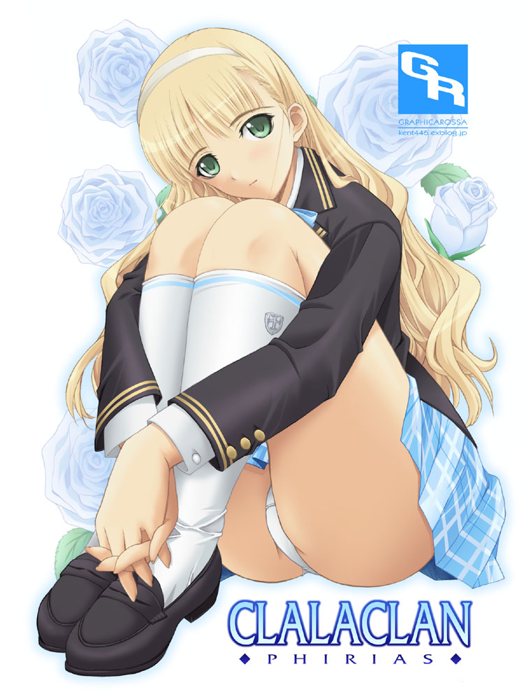 yoshimura kentaro, clalaclan philias, sega, shining (series), shining wind, black footwear, blue neckwear, 1girl, black jacket, blonde hair, blue skirt, blush, bow, bowtie, flower, green eyes, hairband, jacket, kneehighs, long hair, long sleeves, looking at viewer, panties, plaid clothes, plaid skirt, rose, school uniform, shirt, shoes, sitting, skirt, socks, underwear, white background, white panties, white shirt, white socks