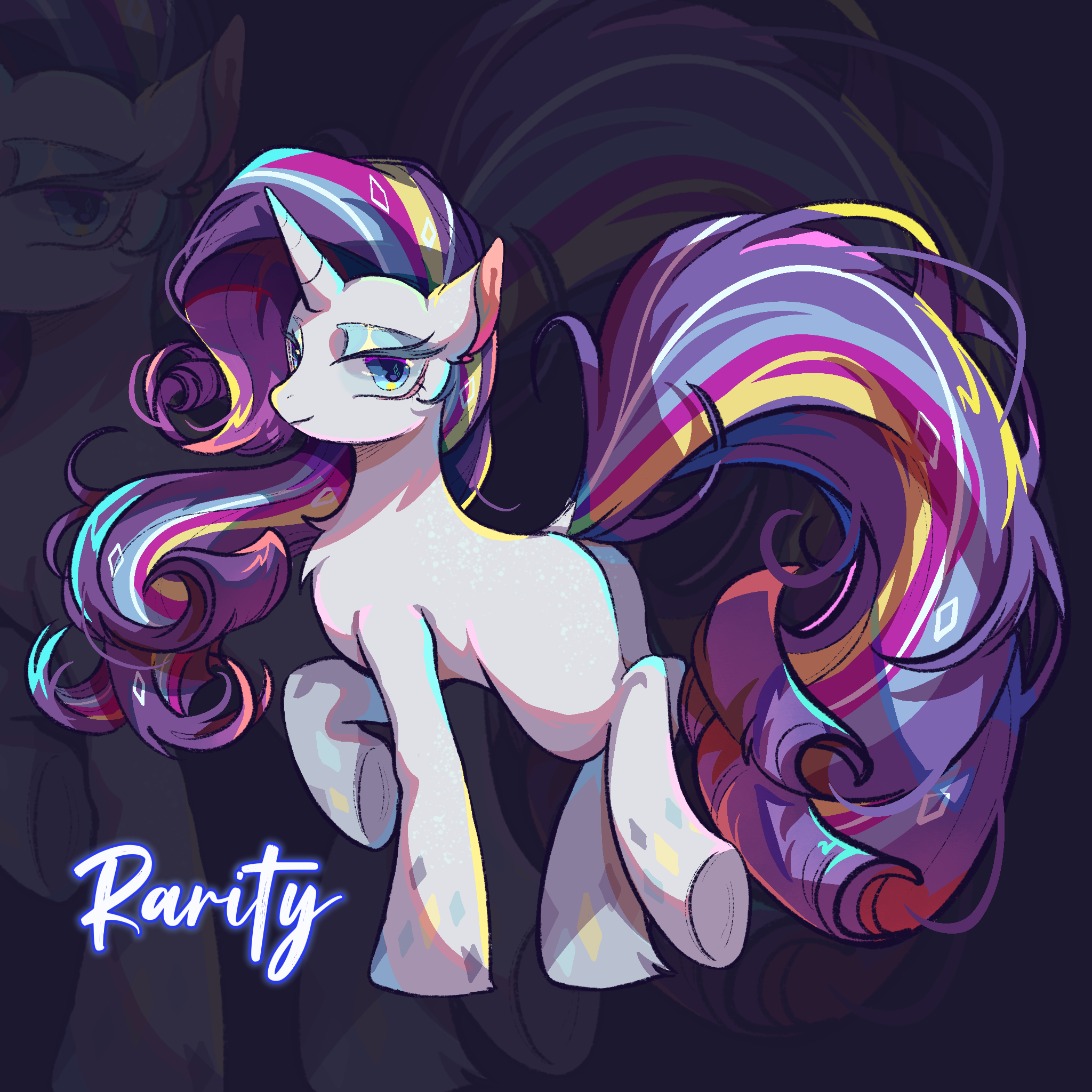 tkotu, rarity (my little pony), my little pony, my little pony: friendship is magic, curled tail, chinese commentary, commentary request, highres, animal, animal focus, blonde hair, blue eyes, blue eyeshadow, blue hair, character name, closed mouth, curly hair, eyeshadow, from behind, long hair, looking at viewer, looking back, makeup, multicolored hair, no humans, official alternate hair color, pink hair, purple hair, purple tail, rainbow power (my little pony), smile, solo, streaked hair, unicorn, white fur, zoom layer