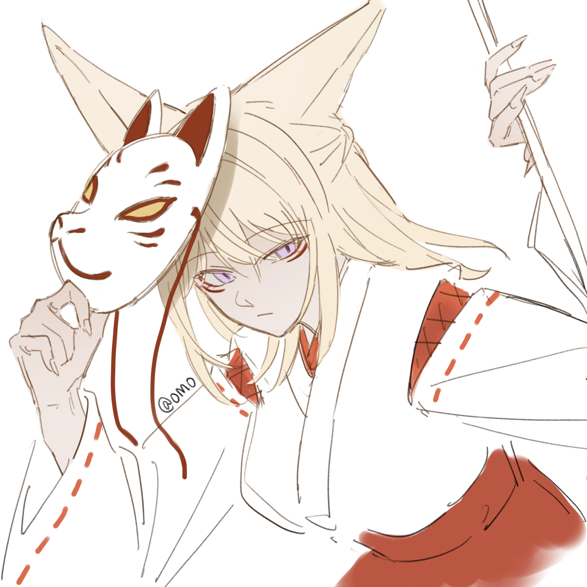 omo cccc, misumi uika, bang dream!, bang dream! it's mygo!!!!!, chinese commentary, commentary request, highres, 1girl, animal ears, blonde hair, closed mouth, fox ears, fox girl, fox mask, hair between eyes, holding, holding mask, japanese clothes, kimono, mask, medium hair, purple eyes, simple background, solo, white background, white kimono