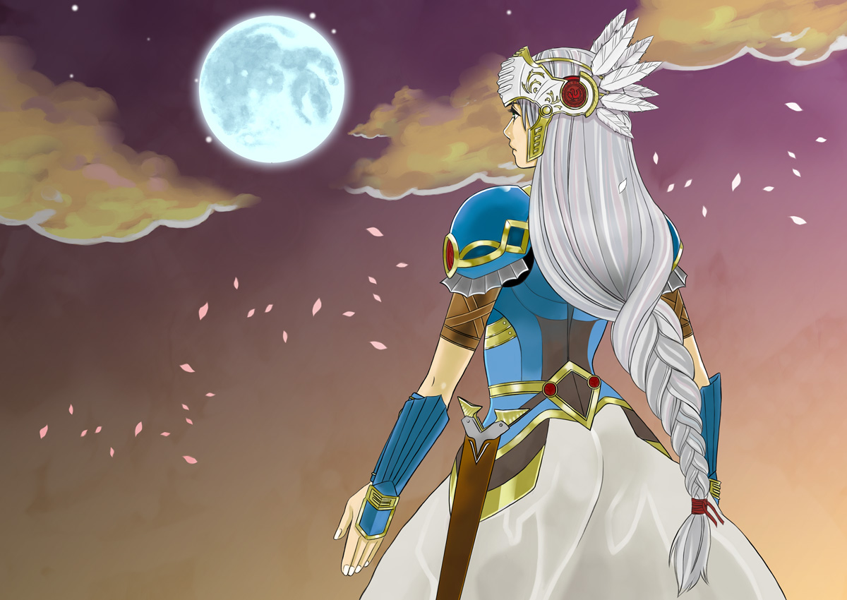 itoda (spica), lenneth valkyrie, valkyrie profile (series), silver hair, 1girl, armor, armored dress, blue armor, braid, dress, female focus, from behind, full moon, long hair, low-braided long hair, low-tied long hair, moon, night, petals, solo, valkyrie, very long hair