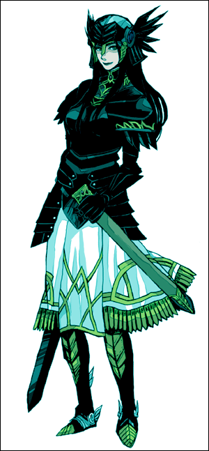 sudachips, hrist, hrist valkyrie, valkyrie profile (series), 1girl, armor, armored dress, black hair, boots, dress, feathers, female focus, full body, greaves, helmet, long hair, scabbard, sheath, smile, solo, standing, sword, valkyrie, weapon, white background