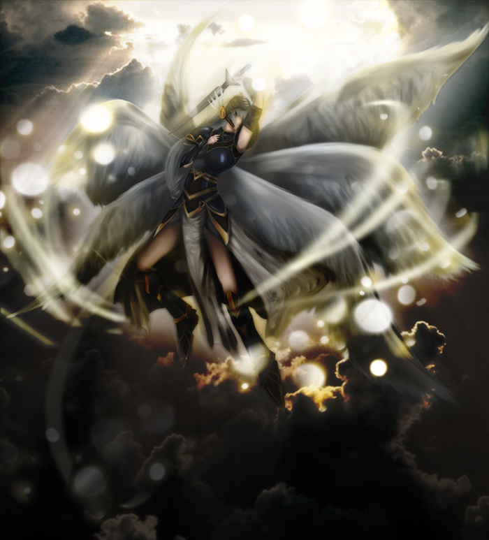 d (pixiv289518), lenneth valkyrie, valkyrie profile (series), 1girl, armor, armored dress, dress, female focus, grey hair, long hair, solo, sword, weapon, wings
