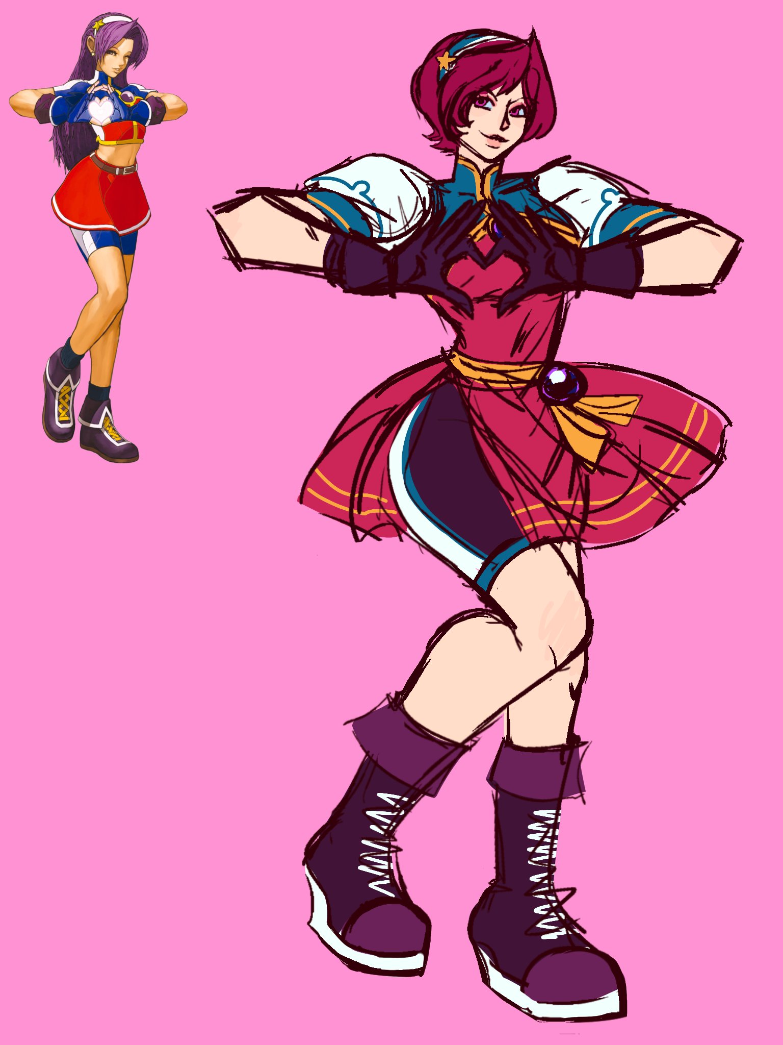 asamiya athena, the king of fighters, 1girl, bike shorts, breasts, dress, female focus, gloves, hairband, heart, heart hands, littlemonkeeeey, long hair, looking at viewer, medium breasts, one eye closed, pale skin, pants, purple eyes, purple hair, shoes, short hair, skirt, smile, standing, star (symbol), thick thighs, thighs, tight clothes, tight pants, wide hips, wink