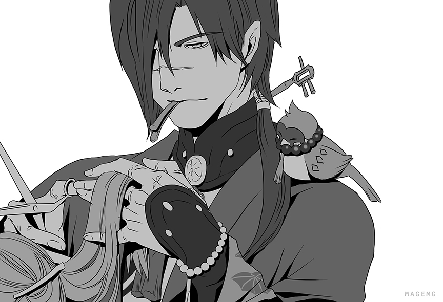 magehikari, beni (dramatical murder), koujaku, dramatical murder, commentary request, 1boy, animal, animal on shoulder, bird, bird on shoulder, cutting another's hair, cutting hair, greyscale, hair over one eye, monochrome, mouth hold, out of frame, scar, scar on face, scar on nose, simple background, solo focus, upper body, white background