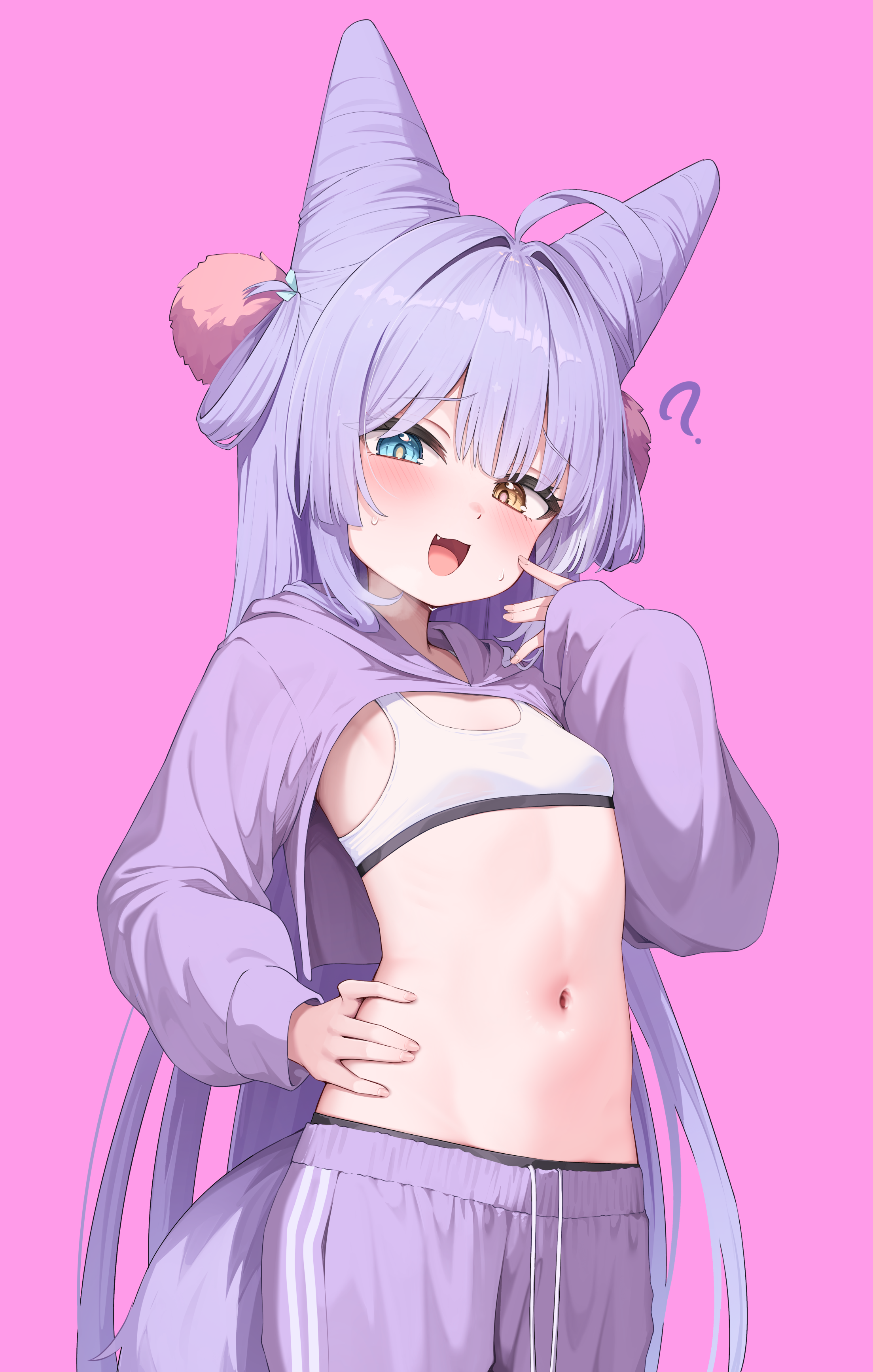 mannack, tenko shibuki, stellive, absurdres, commentary request, highres, korean commentary, 1girl, ?, blue eyes, breasts, drawstring, fang, hair horns, hand on own hip, heterochromia, hood, hood down, hoodie, long hair, long sleeves, looking at viewer, navel, open mouth, panties, pants, panty peek, pink background, pink hoodie, purple hair, purple pants, simple background, small breasts, solo, sports bra, track pants, underwear, very long hair, white sports bra, yellow eyes