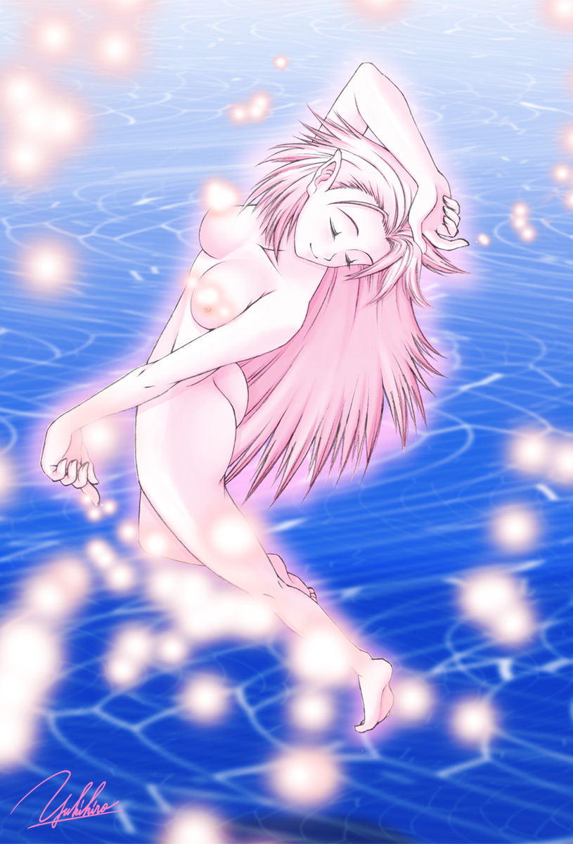yukihiro, tina branford, trance terra branford, final fantasy, final fantasy vi, psychic, bad id, bad pixiv id, highres, 1990s (style), 1girl, arched back, arm up, artist name, ass, breasts, closed eyes, colored skin, female focus, flying, long hair, magic, nipples, nude, pink hair, pink skin, pointy ears, retro artstyle, signature, smile, solo, water