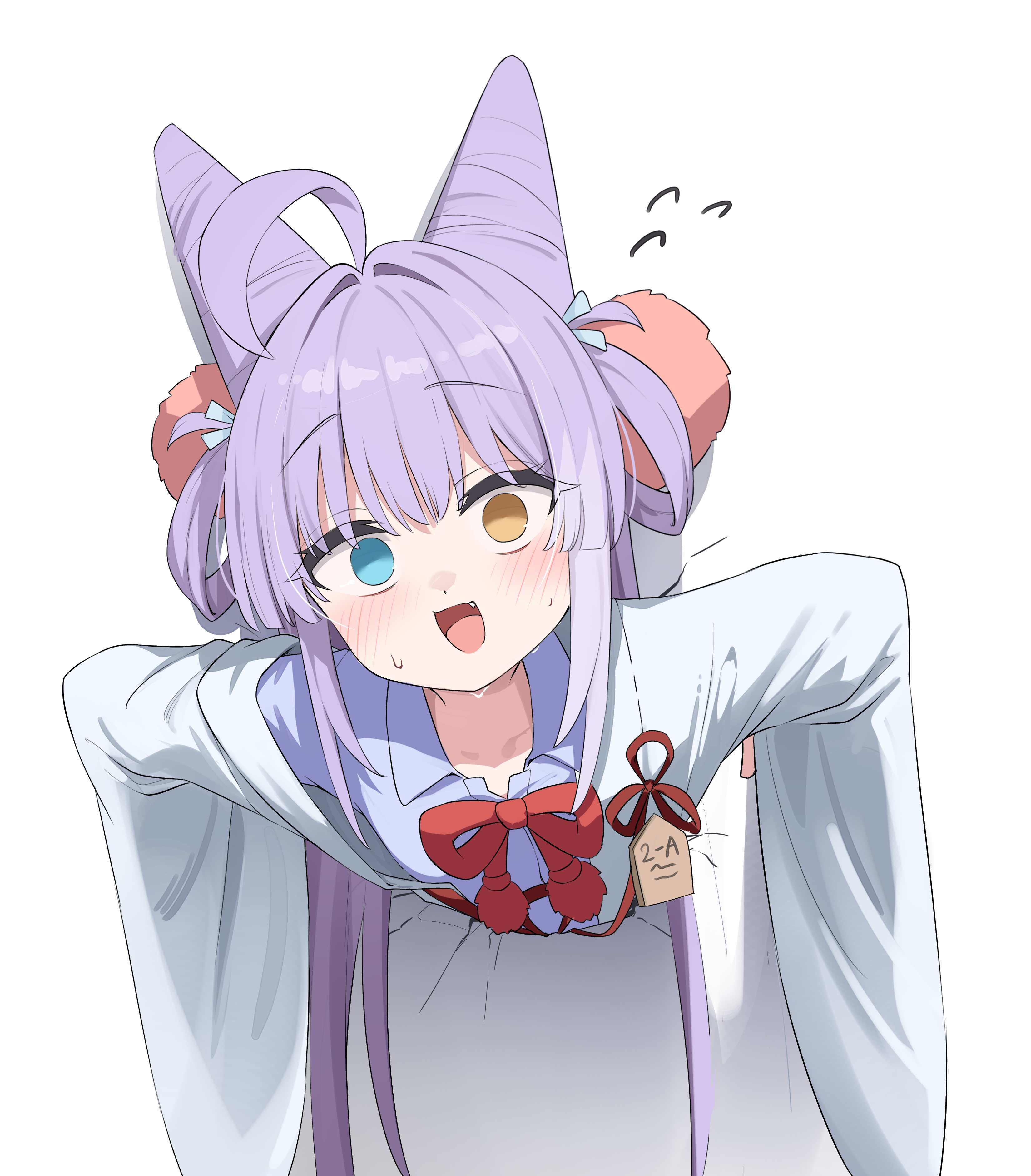 mannack, tenko shibuki, stellive, absurdres, commentary request, highres, korean commentary, 1girl, ahoge, blue eyes, blue shirt, blush, collared shirt, fang, flying sweatdrops, hair horns, heterochromia, long hair, long sleeves, looking at viewer, open mouth, shirt, simple background, solo, through wall, white background, yellow eyes