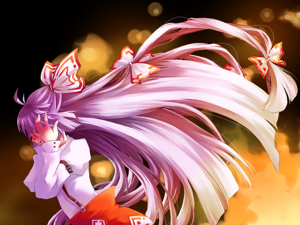 myaaco, fujiwara no mokou, touhou, silver hair, 1girl, covering face, crying, female focus, long hair, ribbon, solo, tears, very long hair