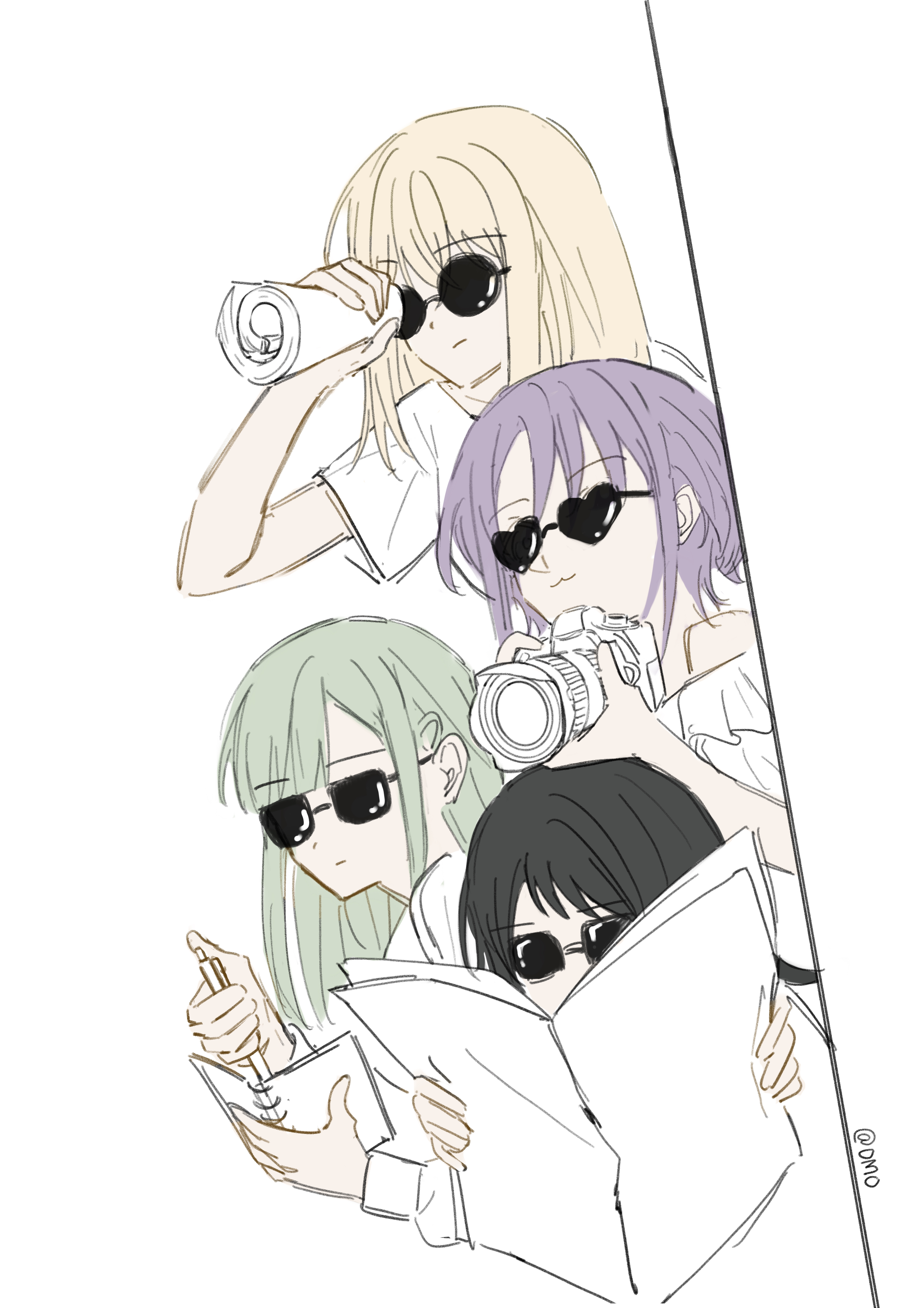 omo cccc, misumi uika, wakaba mutsumi, yahata umiri, yuutenji nyamu, bang dream!, bang dream! it's mygo!!!!!, absurdres, chinese commentary, commentary request, highres, 4girls, :3, black hair, blonde hair, camera, glasses, green hair, heart, heart-shaped eyewear, holding, holding camera, holding newspaper, holding pen, long hair, medium hair, multiple girls, newspaper, pen, purple hair, shirt, short hair, short sleeves, sidelocks, sunglasses