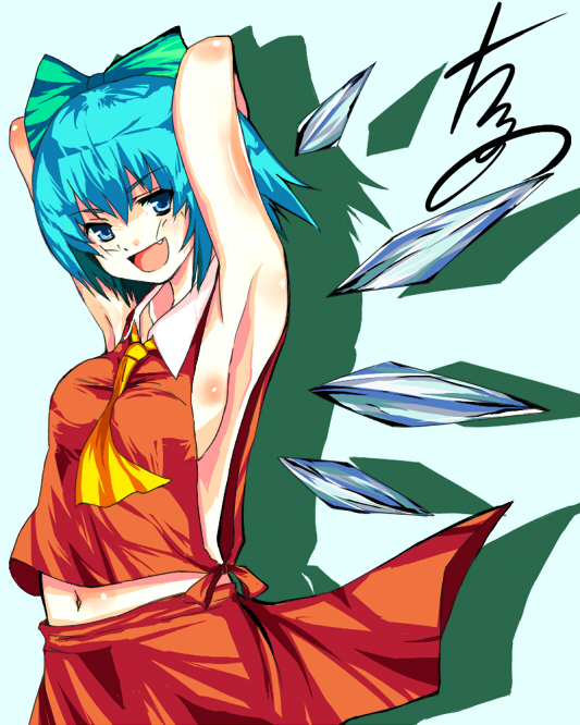 kuze, cirno, hakurei reimu, touhou, bad id, bad pixiv id, 1girl, armpits, ascot, blue hair, breasts, cosplay, fang, female focus, hakurei reimu (cosplay), japanese clothes, medium breasts, miko, ribbon, short hair, sideboob, skirt, solo, wings, yellow ascot