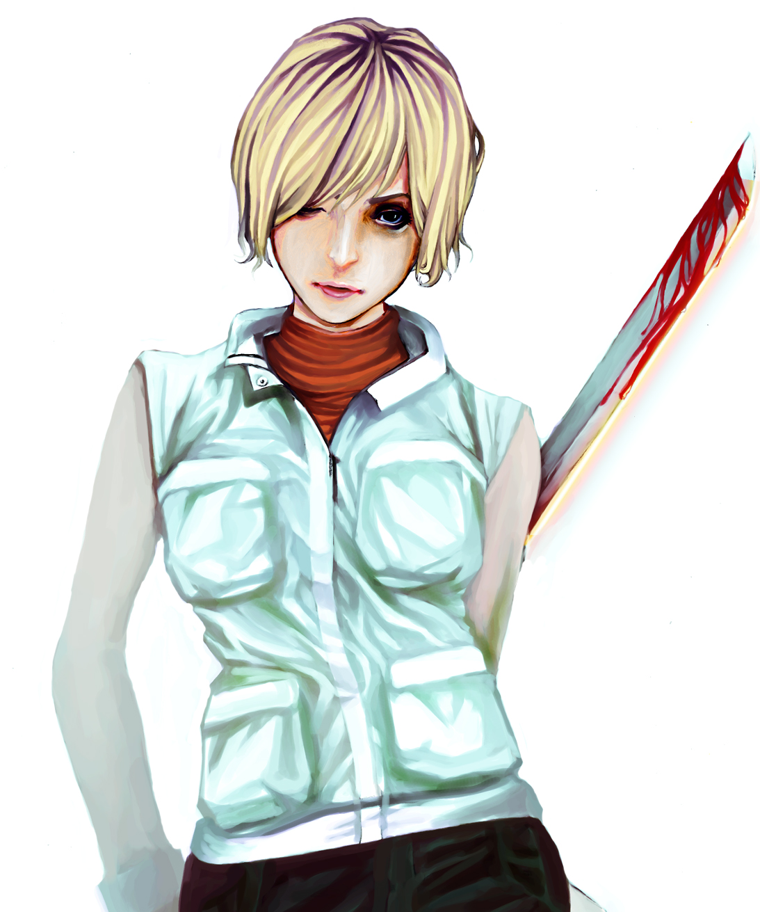 masamune-99, heather mason, silent hill, silent hill (series), silent hill 3, highres, 1girl, blonde hair, blood, female focus, lipstick, makeup, short hair, solo, sword, vest, weapon