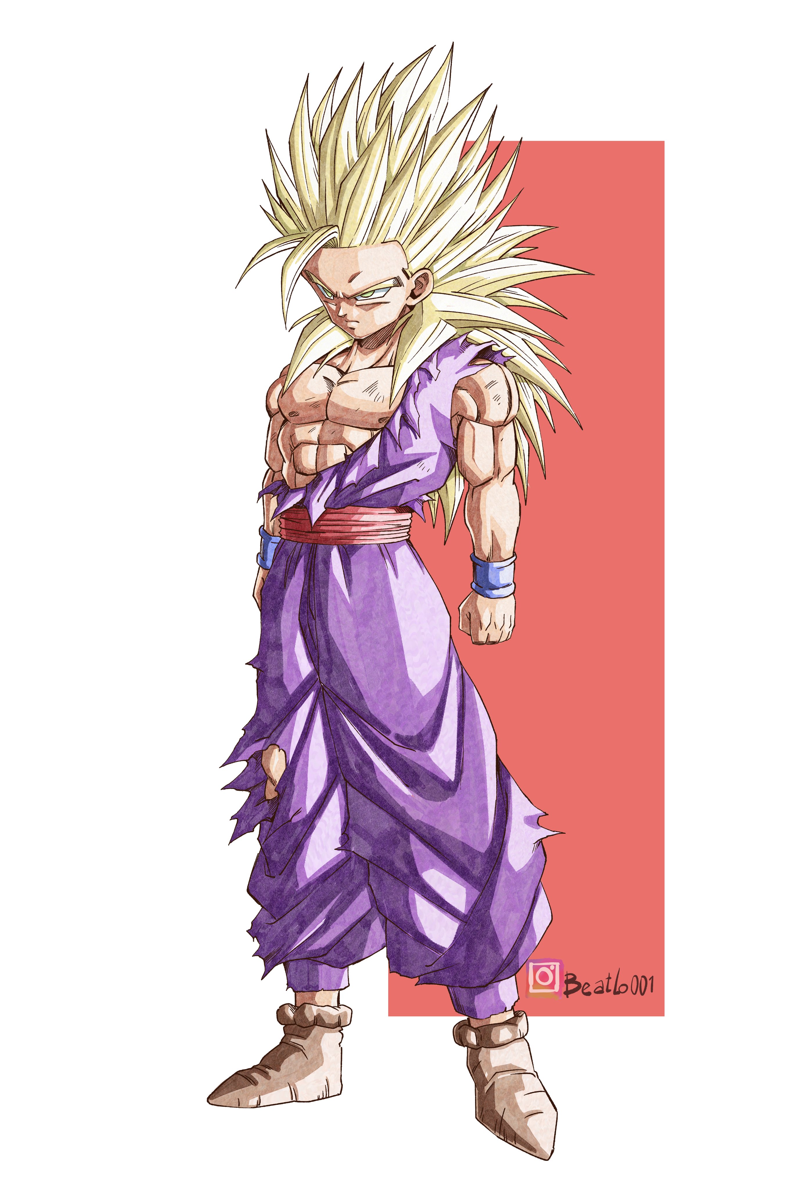 son gohan, dragon ball, dragonball z, absurdres, commentary, highres, 1boy, abs, alternate hair length, alternate hairstyle, beatlo (rodrigo38658978), blonde hair, brown shoes, frown, full body, green eyes, male focus, muscular, muscular male, official style, pectorals, serious, shoes, signature, solo, super saiyan, super saiyan 2, torn clothes, wristband