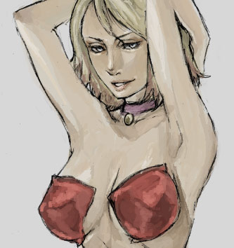 taro (artist), maria (silent hill), silent hill, silent hill (series), silent hill 2, lowres, 1girl, armpits, arms behind head, arms up, bare shoulders, blonde hair, breasts, breasts apart, choker, female focus, grin, large breasts, looking at viewer, naughty face, pasties, short hair, simple background, sketch, smile, solo, upper body, white background
