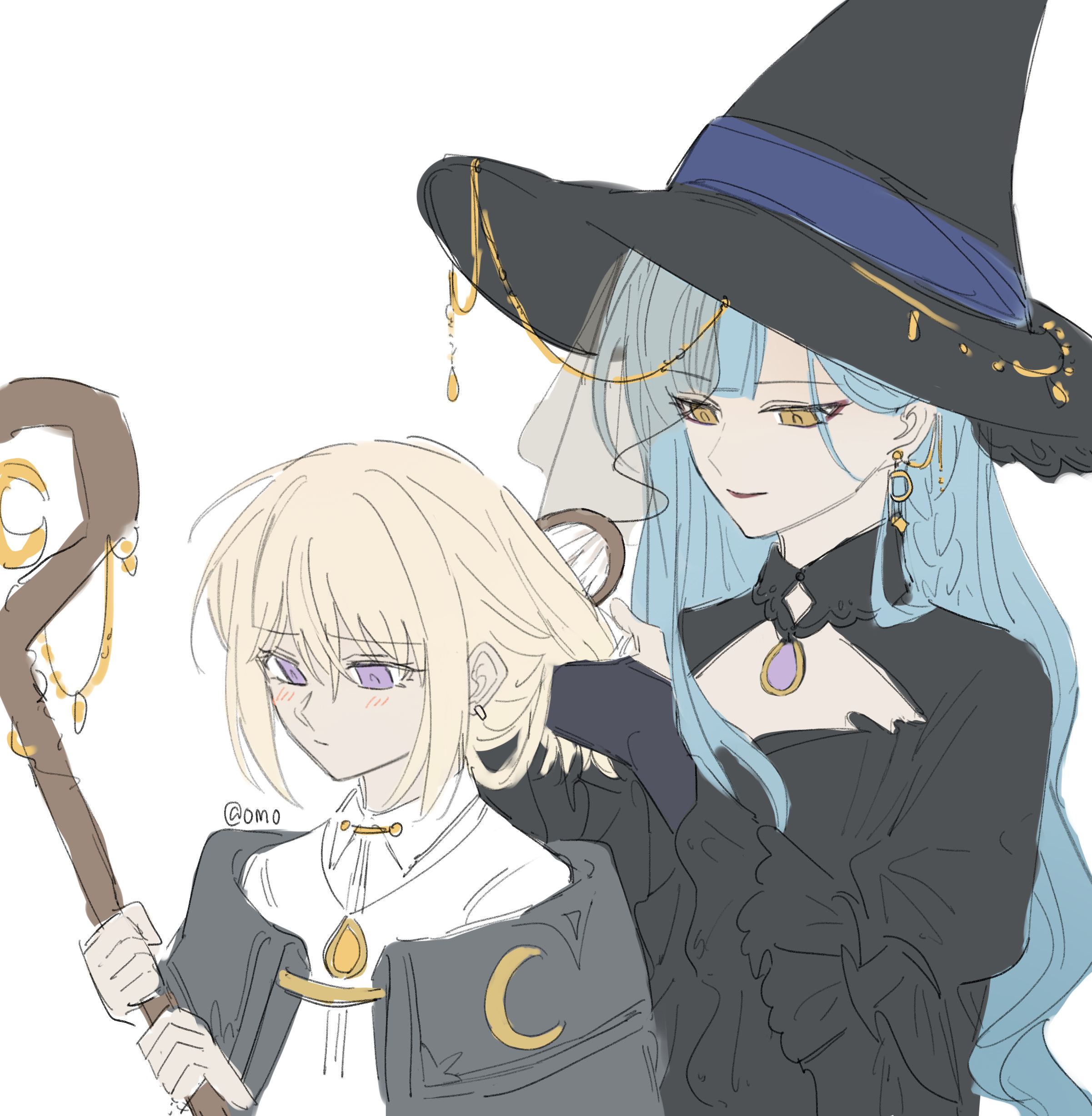 omo cccc, misumi uika, togawa sakiko, bang dream!, bang dream! it's mygo!!!!!, absurdres, chinese commentary, commentary request, highres, 2girls, black dress, black hat, blonde hair, blue hair, blush, bridal gauntlets, brushing another's hair, brushing hair, closed mouth, dress, earrings, hair between eyes, hair brush, hat, holding, holding hair brush, holding staff, jewelry, long hair, long sleeves, medium hair, multiple girls, open mouth, purple eyes, shirt, simple background, staff, upper body, white background, white shirt, witch hat, yellow eyes