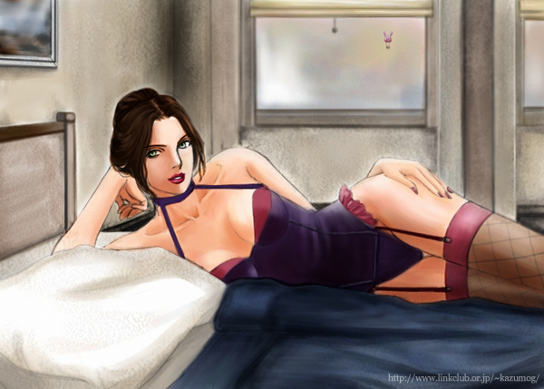 asia airport, cynthia velasquez, robbie the rabbit, konami, silent hill, silent hill (series), silent hill 4: the room, 1girl, aircraft, arm support, balloon, bare shoulders, bed, bed sheet, black hair, breasts, brown hair, cleavage, collarbone, corset, female focus, fishnet thighhighs, fishnets, garter belt, garter straps, green eyes, halterneck, hand on own hip, hot air balloon, large breasts, leotard, lingerie, looking at viewer, lying, on bed, one-piece swimsuit, pillow, short hair, solo, swimsuit, thighhighs, underwear, window