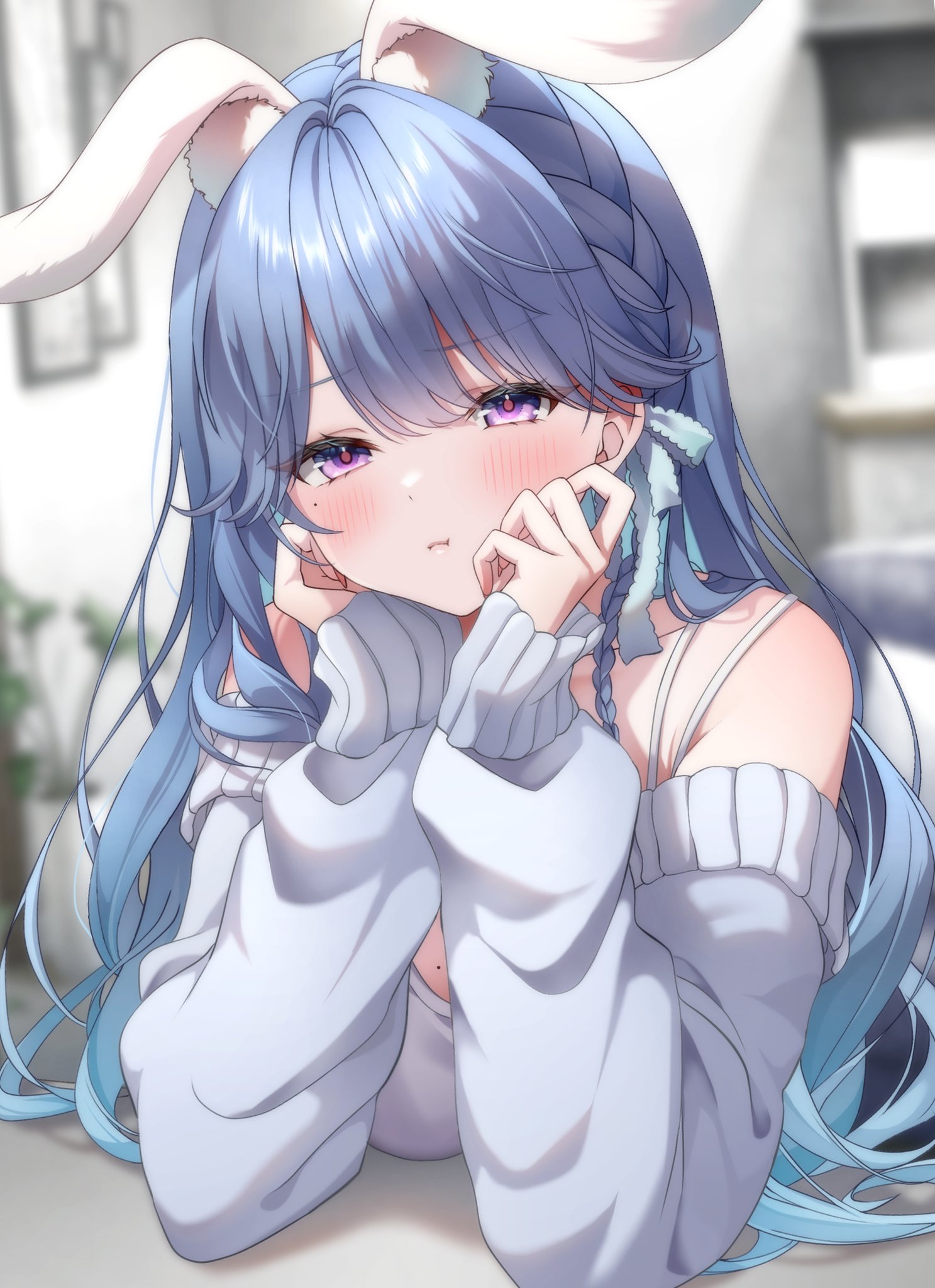 meme (mm ta mm), highres, second-party source, 1girl, animal ear fluff, animal ears, blue hair, blurry, blurry background, blush, braid, breasts, closed mouth, gradient hair, hands on own cheeks, hands on own face, kyui yui, long hair, long sleeves, mole, mole on breast, mole under eye, multicolored hair, purple eyes, rabbit ears, shadow, solo, upper body, virtual youtuber, vkano