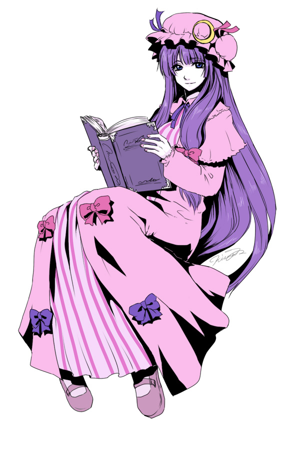 furukawa kisara, kisara f, patchouli knowledge, touhou, 1girl, book, bow, female focus, hat, long hair, pink bow, purple hair, ribbon, solo