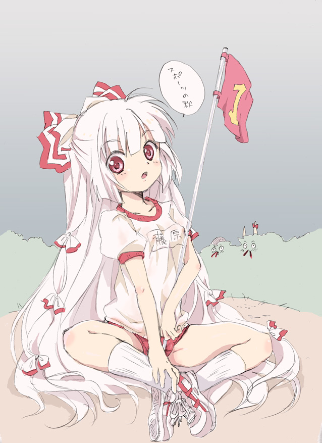 kona, kona (canaria), ex-keine, fujiwara no mokou, houraisan kaguya, kamishirasawa keine, touhou, bad id, bad pixiv id, translated, 3girls, alternate costume, blood, buruma, female focus, flag, gym uniform, horns, long hair, multiple girls, nosebleed, numbered flag, ribbon, shoes, sneakers, socks, white hair
