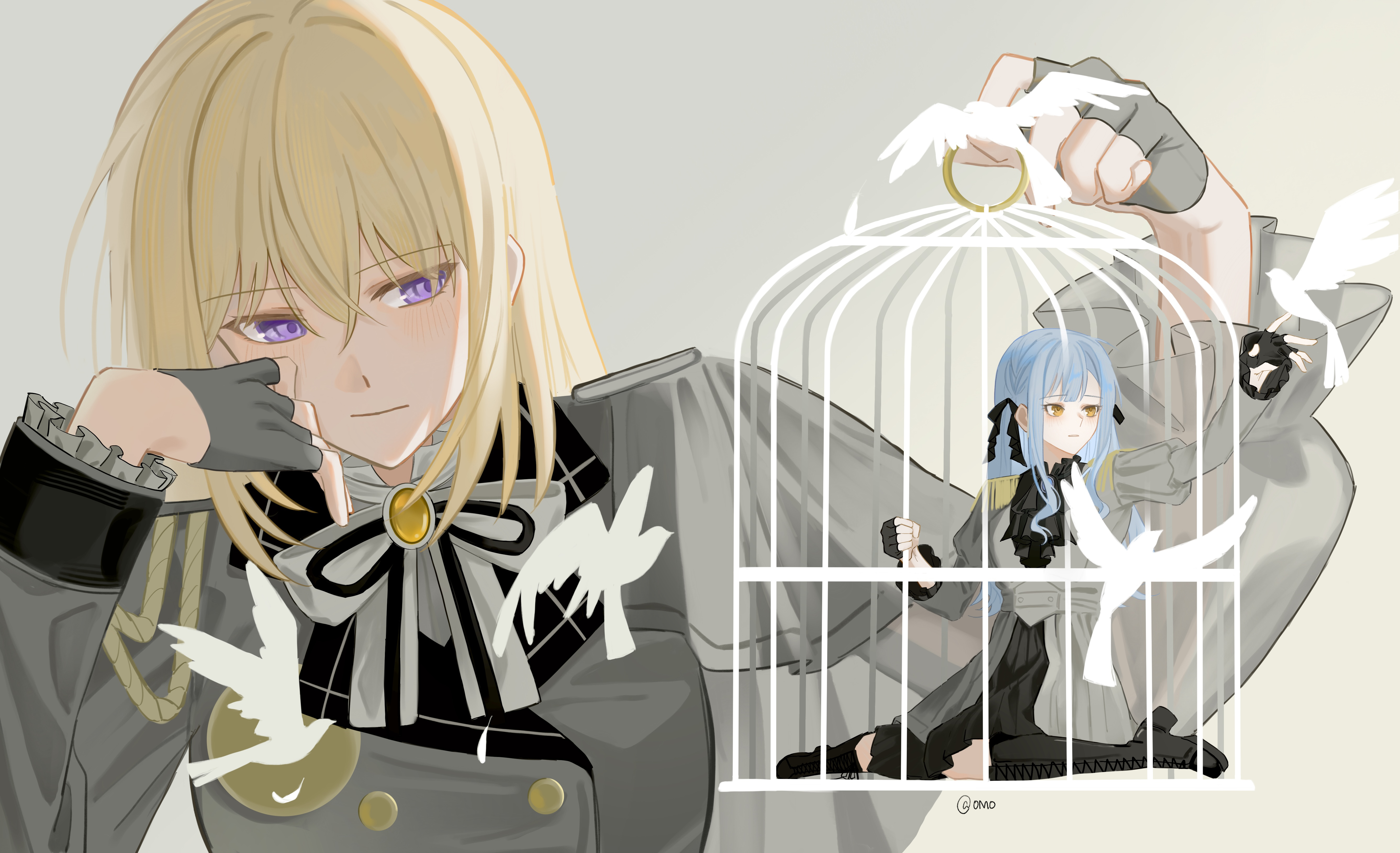 omo cccc, misumi uika, togawa sakiko, bang dream!, bang dream! it's mygo!!!!!, absurdres, chinese commentary, commentary request, highres, 2girls, bird, birdcage, black boots, black ribbon, blonde hair, blue hair, boots, bow, bowtie, brooch, cage, coat, epaulettes, fingerless gloves, gloves, grey background, grey coat, grey gloves, grey jacket, hair ribbon, jacket, jewelry, knee boots, long hair, long sleeves, medium hair, mini person, multiple girls, open mouth, purple eyes, ribbon, sidelocks, simple background, sitting, white bow, white bowtie, yellow eyes