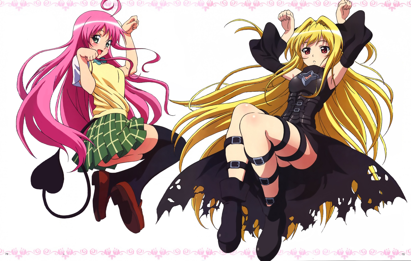 konjiki no yami, lala satalin deviluke, peke (to love-ru), to love-ru, non-web source, 00s, 2girls, armpits, blonde hair, boots, green eyes, jumping, long hair, multiple girls, pink hair, plaid clothes, plaid skirt, red eyes, school uniform, serafuku, skirt, tail, thigh strap, thighhighs, torn clothes, zettai ryouiki
