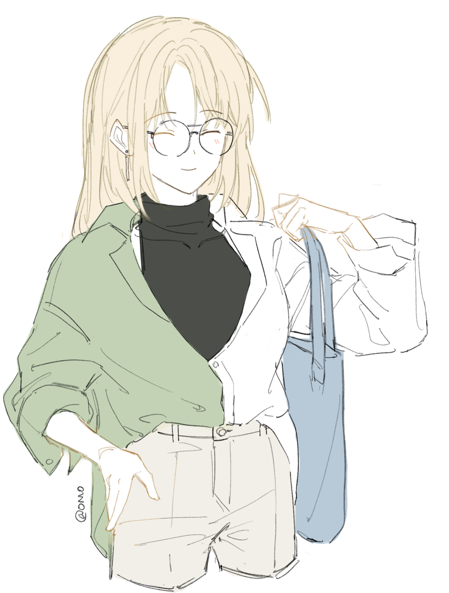omo cccc, misumi uika, togawa sakiko, bang dream!, bang dream! it's mygo!!!!!, chinese commentary, commentary request, highres, 1girl, bag, blonde hair, blue bag, blush, closed eyes, closed mouth, earrings, green shirt, jewelry, medium hair, shirt, shoulder bag, simple background, solo, two-tone shirt, white background, white shirt