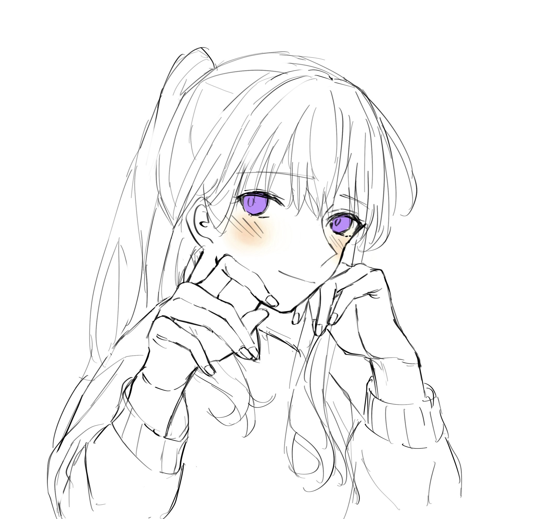 omo cccc, inoue takina, lycoris recoil, commentary request, highres, 1girl, blush, greyscale, long sleeves, looking at viewer, monochrome, ponytail, purple eyes, simple background, solo, spot color, sweater, upper body, white background