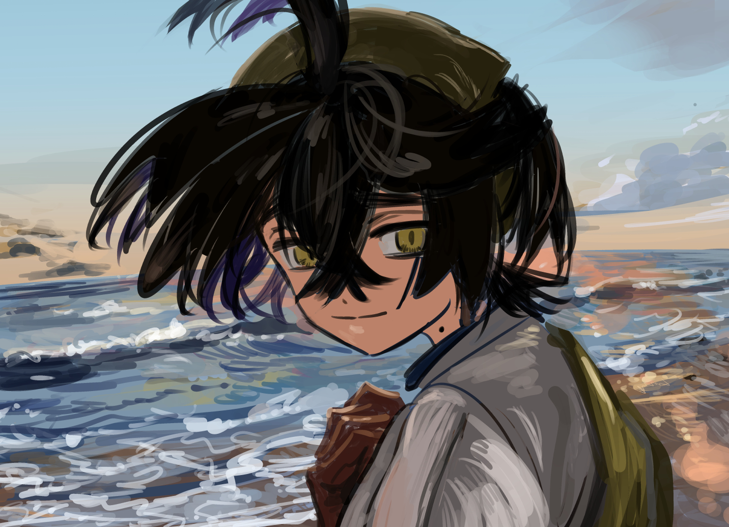 assassinookayu, kieran (pokemon), nintendo, pokemon, pokemon sv, 1boy, ahoge, black hair, crossed bangs, floating hair, gloves, hair between eyes, looking at viewer, looking back, male focus, mole, mole on neck, ocean, red gloves, scenery, shirt, smile, sunset, white shirt, wind, yellow bag, yellow eyes