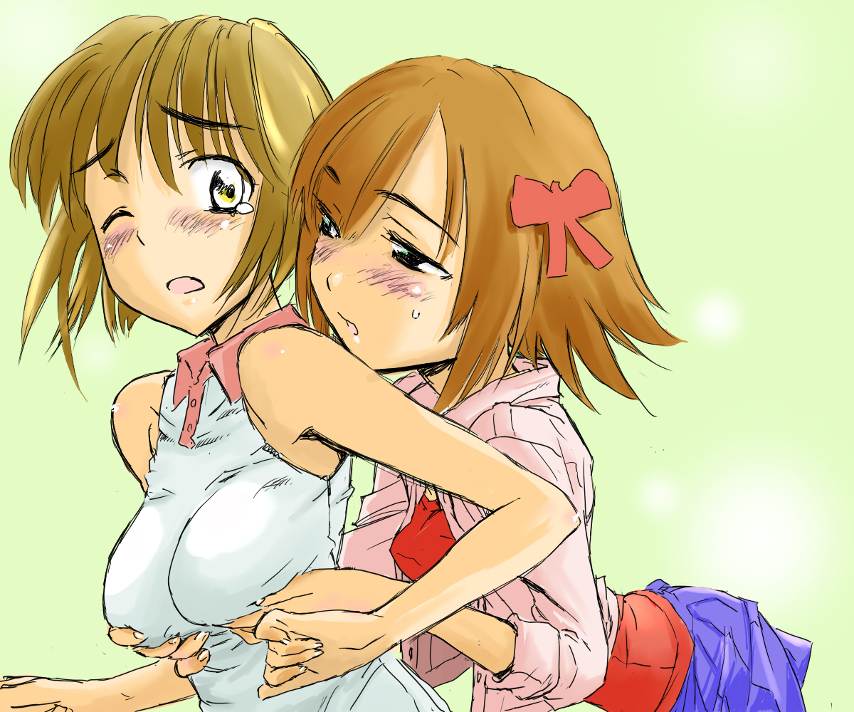 cif, amami haruka, hagiwara yukiho, idolmaster, idolmaster (classic), idolmaster 1, 00s, 2girls, bare shoulders, blush, breasts, brown hair, grabbing another's breast, green eyes, groping, looking back, multiple girls, one eye closed, ribbon, short hair, skirt, wink, yellow eyes, yuri