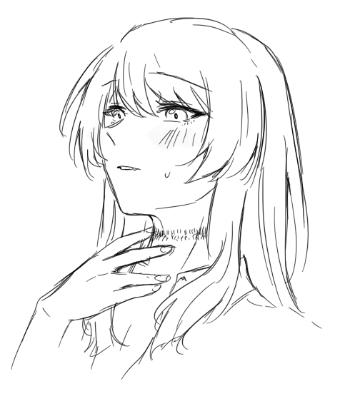 niigouki, chihaya anon, bang dream!, bang dream! it's mygo!!!!!, commentary, protected link, symbol-only commentary, 1girl, blush, fang, greyscale, monochrome, multiple girls, open mouth, rope marks, simple background, sketch, solo, sweatdrop, upper body, white background