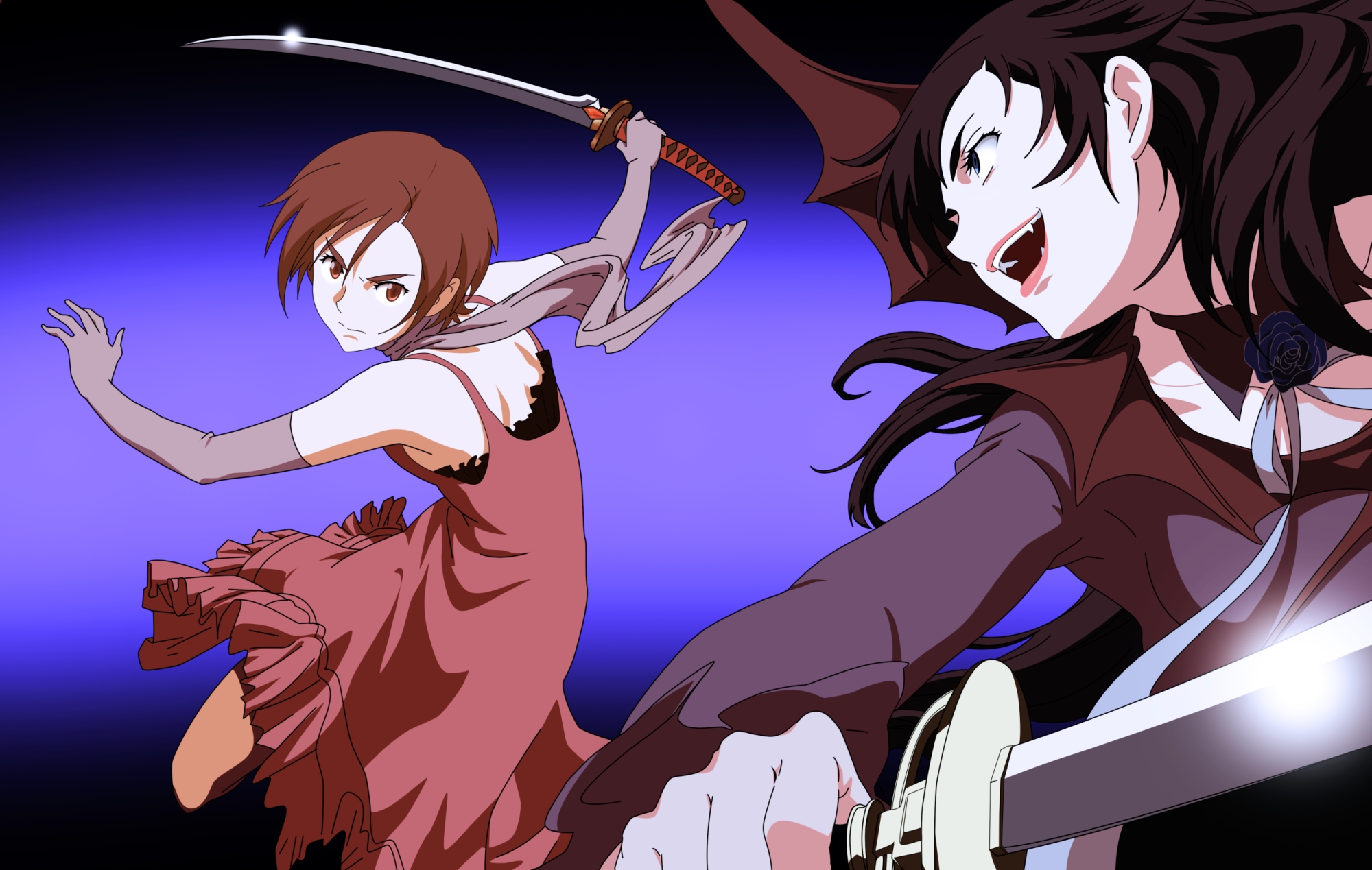 diva, diva (blood+), otonashi saya, blood+, derivative work, highres, vector trace, 00s, 2girls, battle, black hair, blue eyes, brown eyes, brown hair, dress, elbow gloves, fang, fangs, gloves, katana, multiple girls, scarf, sword, vampire, weapon