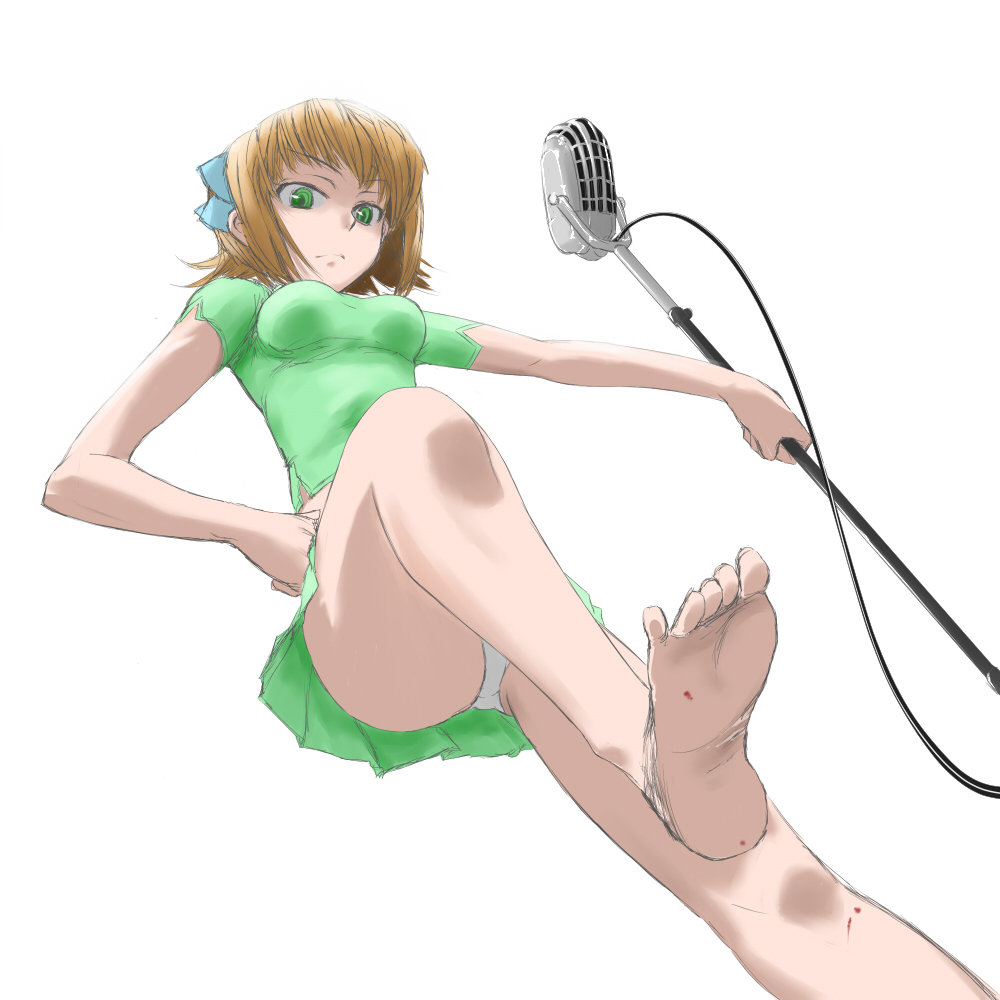 cif, amami haruka, idolmaster, idolmaster (classic), idolmaster 1, 00s, barefoot, blood, brown hair, dress, feet, from below, green eyes, looking down, looking up, microphone, microphone stand, panties, pantyshot, pov, ribbon, short hair, solo, underwear