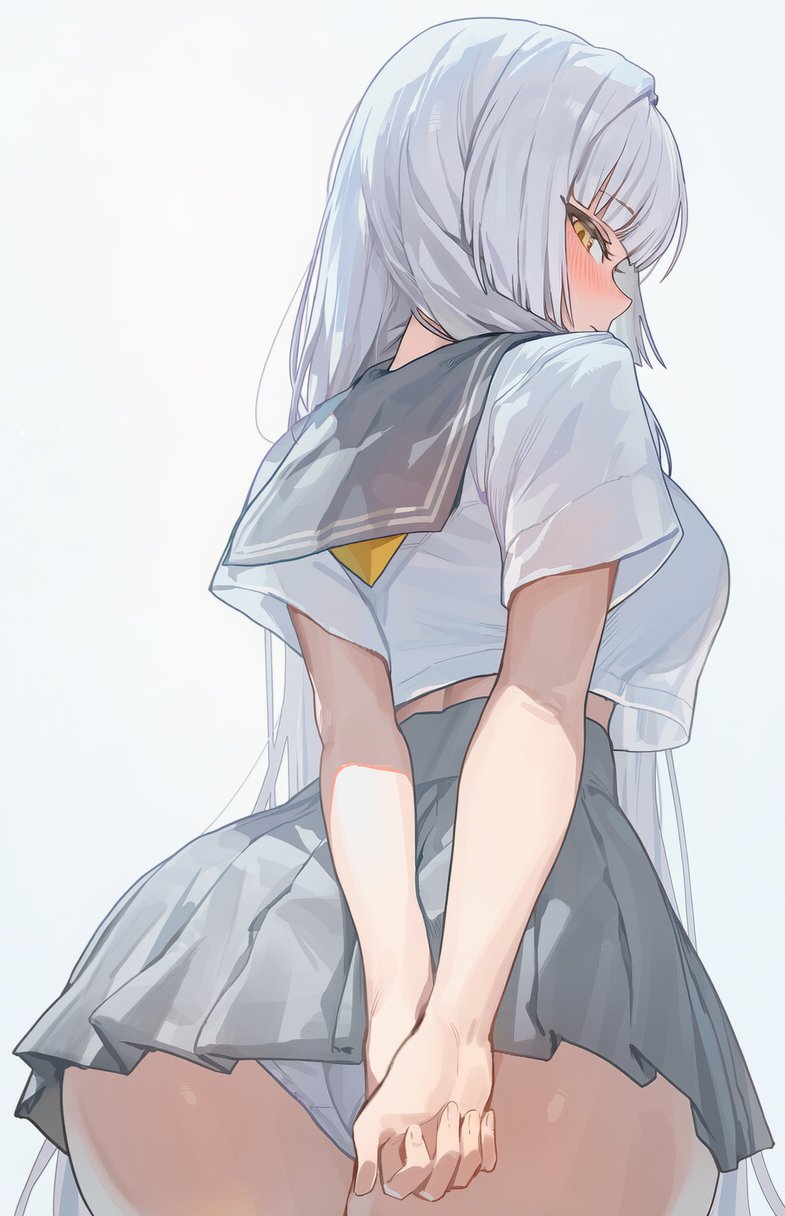 minami rio, black survival, eternal return: black survival, highres, 1girl, arms behind back, blush, breasts, closed mouth, grey skirt, illustchuki, large breasts, long hair, looking at viewer, midriff peek, miniskirt, own hands together, panties, panty peek, pleated skirt, school uniform, serafuku, short sleeves, simple background, skirt, solo, underwear, very long hair, white background, white hair, white panties, white serafuku, yellow eyes