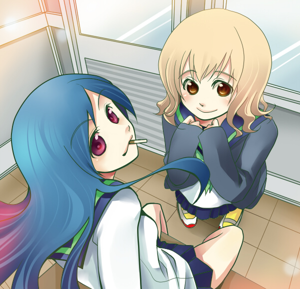 hajime (housennka), shinonome chika, tanishiro karin, pianissimo (baross-soft), pianissimo (game), yellow legwear, 2girls, blonde hair, blue hair, blush, cardigan, cigarette, desk, from above, gradient hair, indoors, long hair, looking up, mary janes, mouth hold, multicolored hair, multiple girls, open clothes, open shirt, pleated skirt, purple eyes, school uniform, serafuku, shirt, shoes, short hair, sitting, skirt, smile, smoking, socks, spread legs, window, yellow eyes