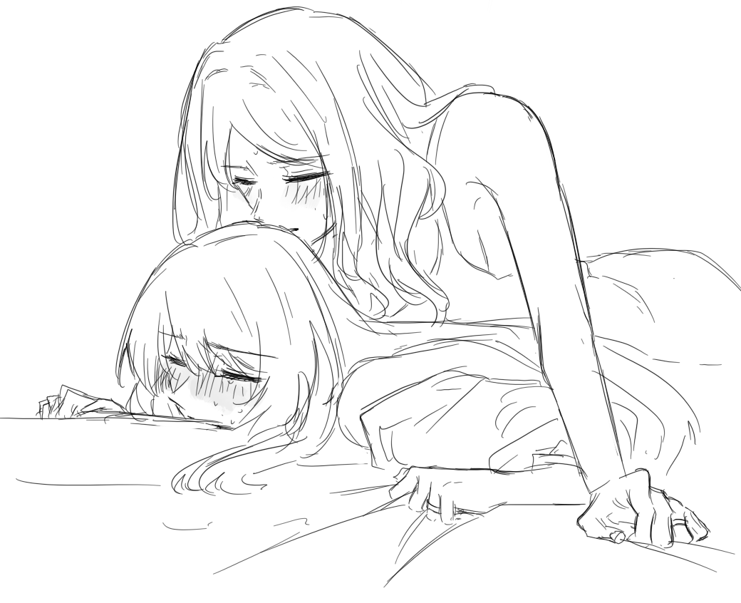 niigouki, chihaya anon, nagasaki soyo, bang dream!, bang dream! it's mygo!!!!!, commentary, protected link, symbol-only commentary, 2girls, blush, camisole, closed eyes, futa with female, futanari, greyscale, long hair, lying, monochrome, multiple girls, on stomach, open mouth, sex, sex from behind, simple background, sketch, sweat, white background