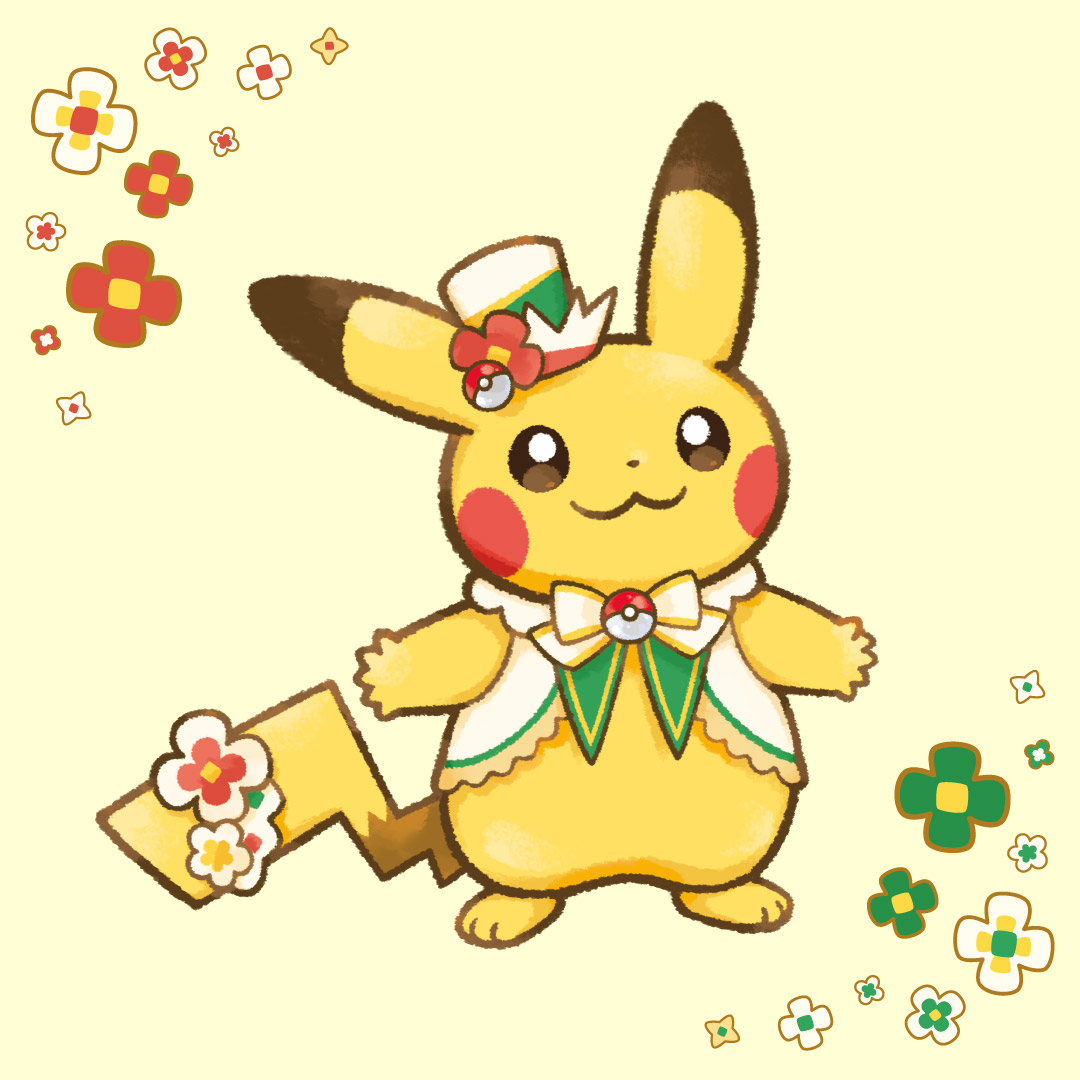 pikachu, nintendo, pokemon, artist request, commentary request, official art, second-party source, :3, bow, closed mouth, clothed pokemon, dot nose, flower, full body, gen 1 pokemon, hat, jacket, no humans, open clothes, open jacket, poke ball, poke ball (basic), pokemon (creature), pokemon focus, simple background, smile, solo, white jacket