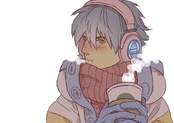 magehikari, seragaki aoba, dramatical murder, 1boy, blue gloves, blush, closed mouth, cup, disposable coffee cup, disposable cup, gloves, hair between eyes, headphones, holding, holding cup, jacket, looking to the side, male focus, orange eyes, red scarf, scarf, short hair, simple background, solo, steam, upper body, white background, white jacket, winter