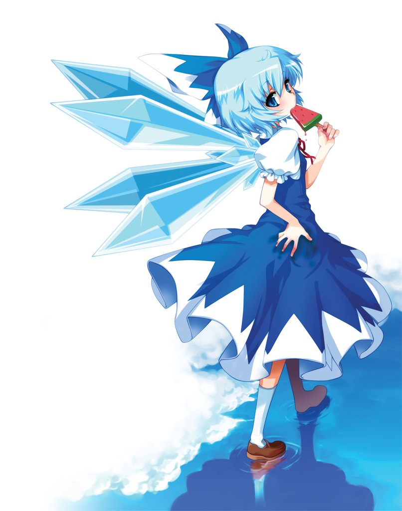 hong (white spider), cirno, embodiment of scarlet devil, touhou, bad id, bad pixiv id, 1girl, blue dress, blue hair, bow, crystal wings, dirty, dress, female focus, food, fruit, hair bow, ice cream, large bow, popsicle, reflection, reflective water, ribbon, short hair, solo, walking, walking on liquid, water, watermelon, watermelon bar, wings, wingstray