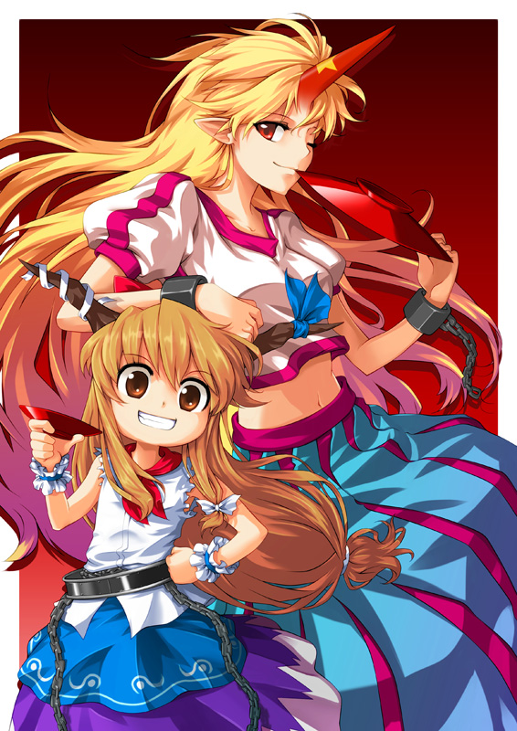 hong (white spider), hoshiguma yuugi, ibuki suika, touhou, bad id, bad pixiv id, 2girls, arm on own head, blonde hair, chain, cuffs, cup, female focus, grin, hand on own hip, hip focus, horns, long hair, looking at viewer, midriff, multiple girls, navel, one eye closed, orange hair, pointy ears, ribbon, sakazuki, single horn, smile, wink, wrist cuffs