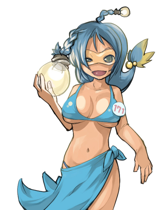 masha, lanturn, moemon, nintendo, pokemon, 1girl, bikini, blue bikini, blue hair, breasts, female focus, gen 2 pokemon, loincloth, personification, pokedex number, sarong, simple background, solo, swimsuit, white background