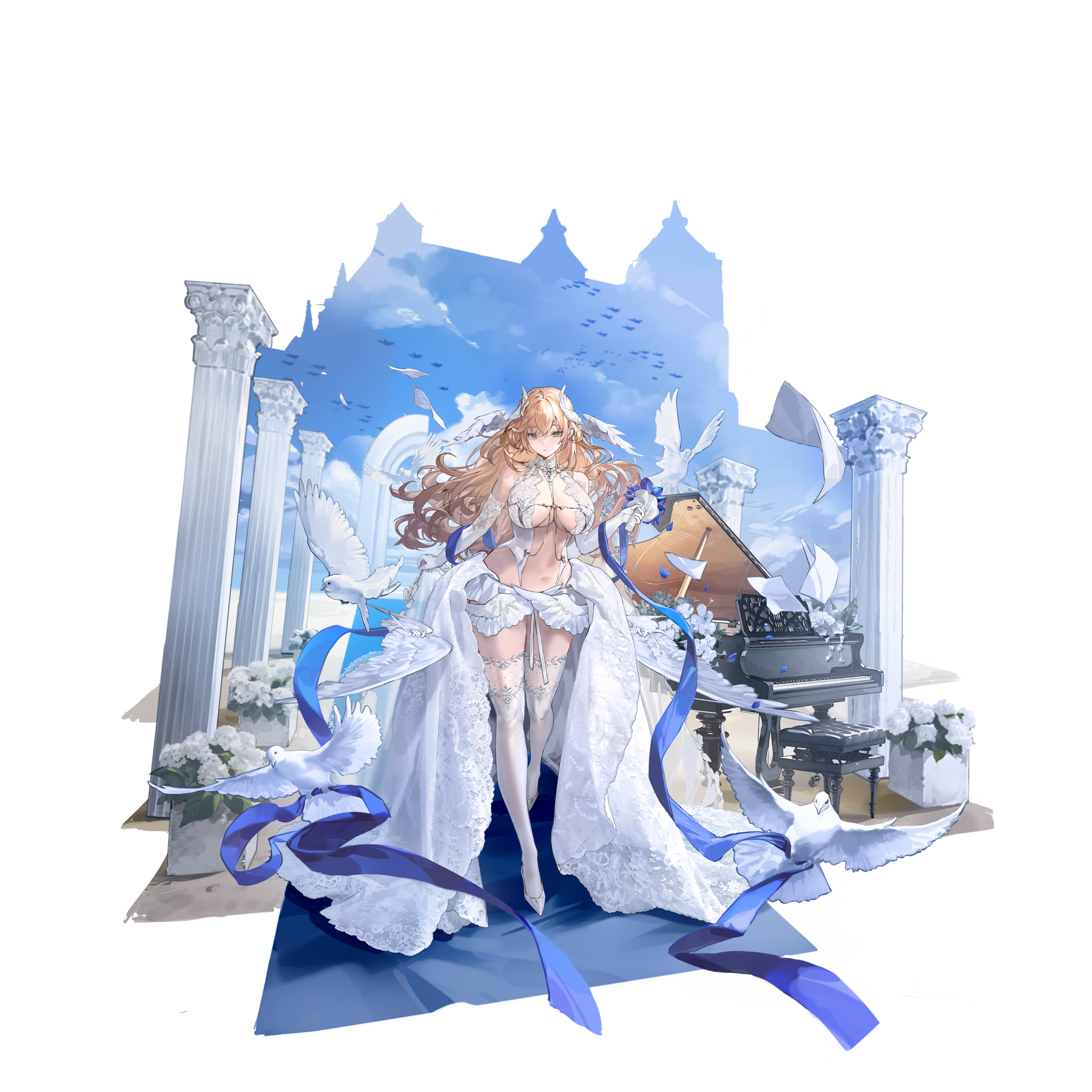 zi se, missouri (warship girls r), warship girls r, highres, official art, 1girl, aircraft, airplane, bird, blonde hair, bouquet, breasts, bridal gauntlets, cleavage, collar, day, dove, dress, elbow gloves, flower, full body, gloves, green eyes, holding, holding bouquet, instrument, large breasts, long hair, navel, nontraditional wedding dress, official alternate costume, official alternate hairstyle, outdoors, piano, pillar, shoes, solo, standing, stomach, thighhighs, transparent background, white bridal gauntlets, white collar, white dress, white gloves, white shoes, white thighhighs